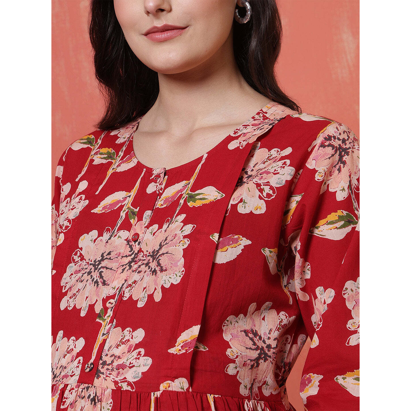 Red Floral Printed Maternity Dress fro Women