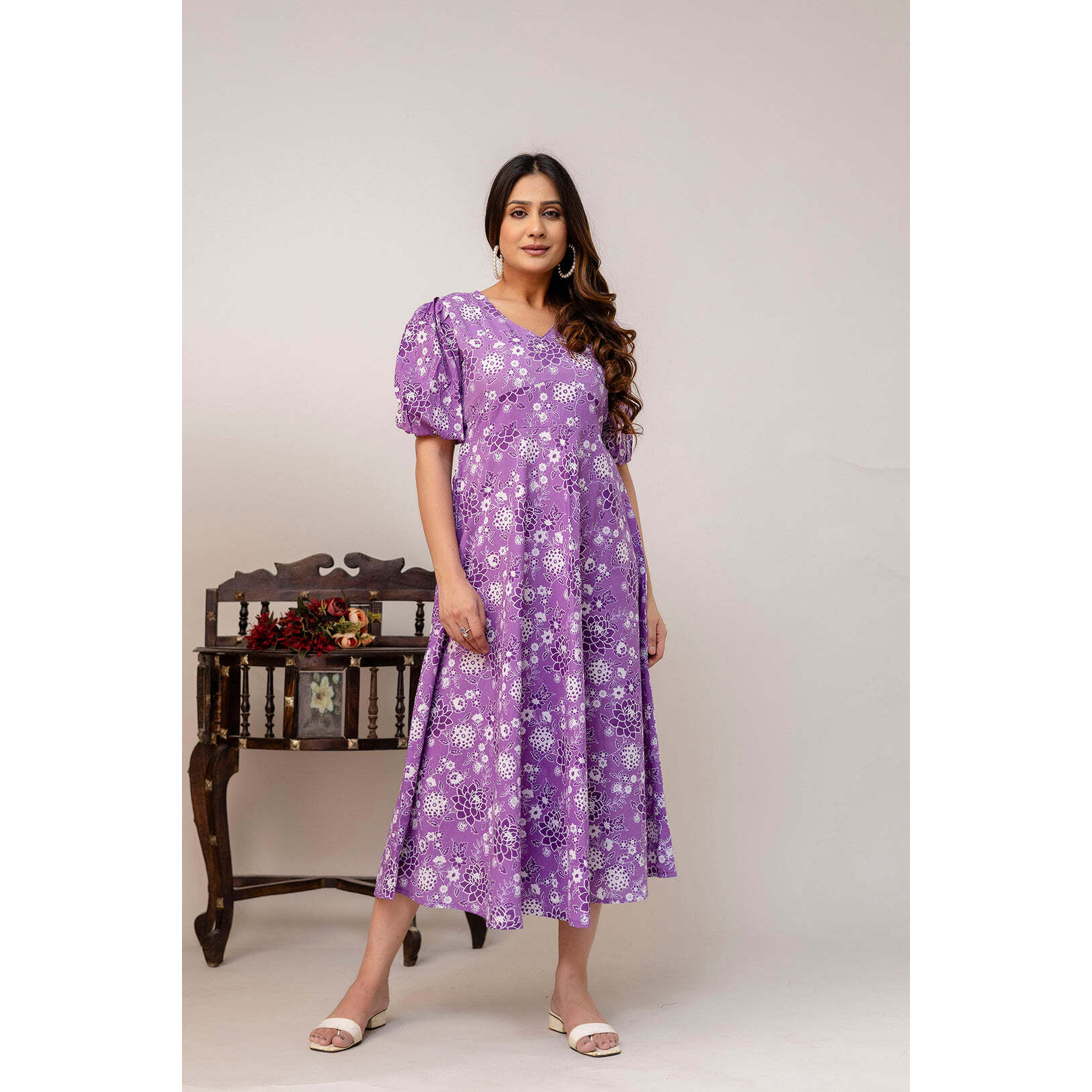 Purple Floral Printed Flared Dress for Women