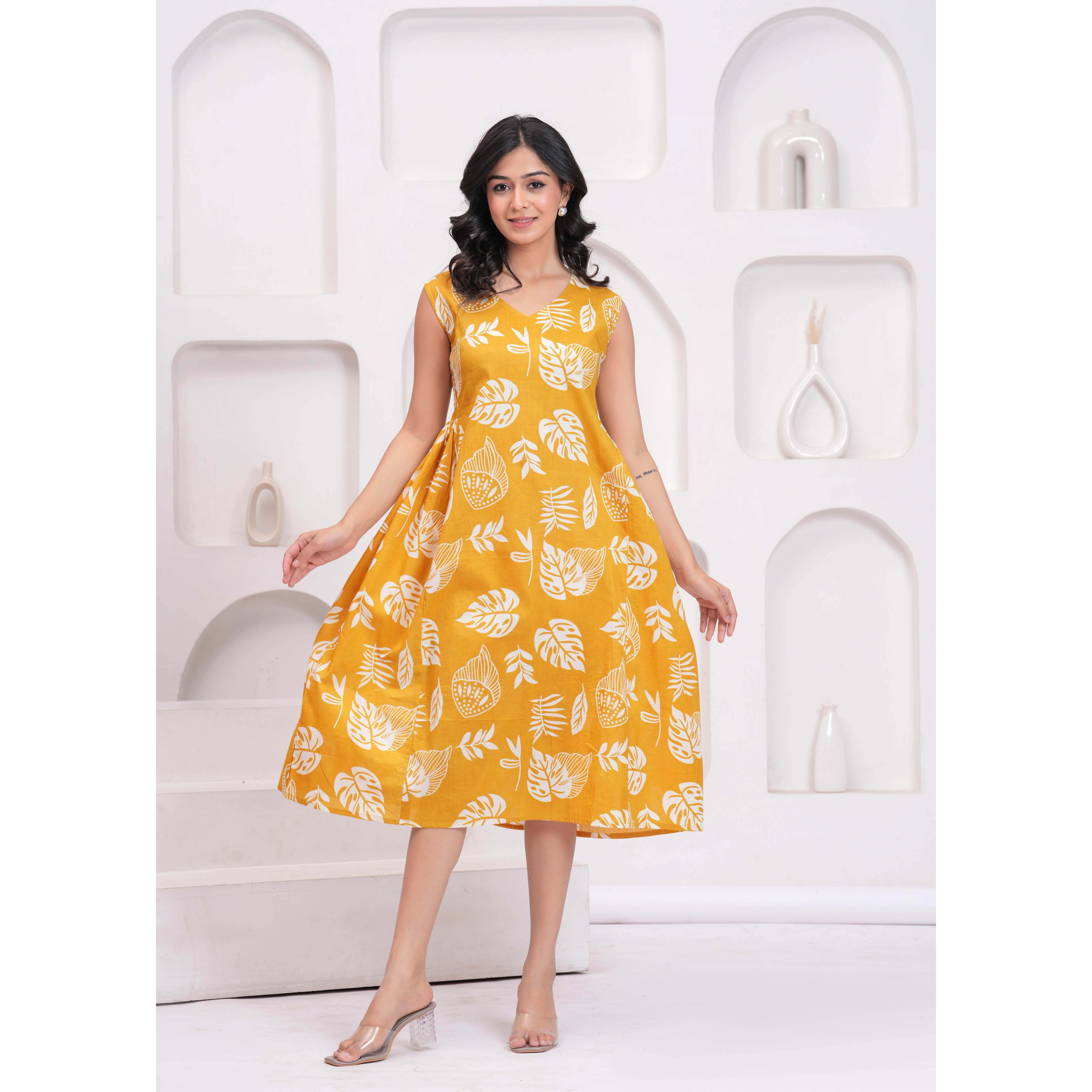 Yellow Printed Midi Dress for Women