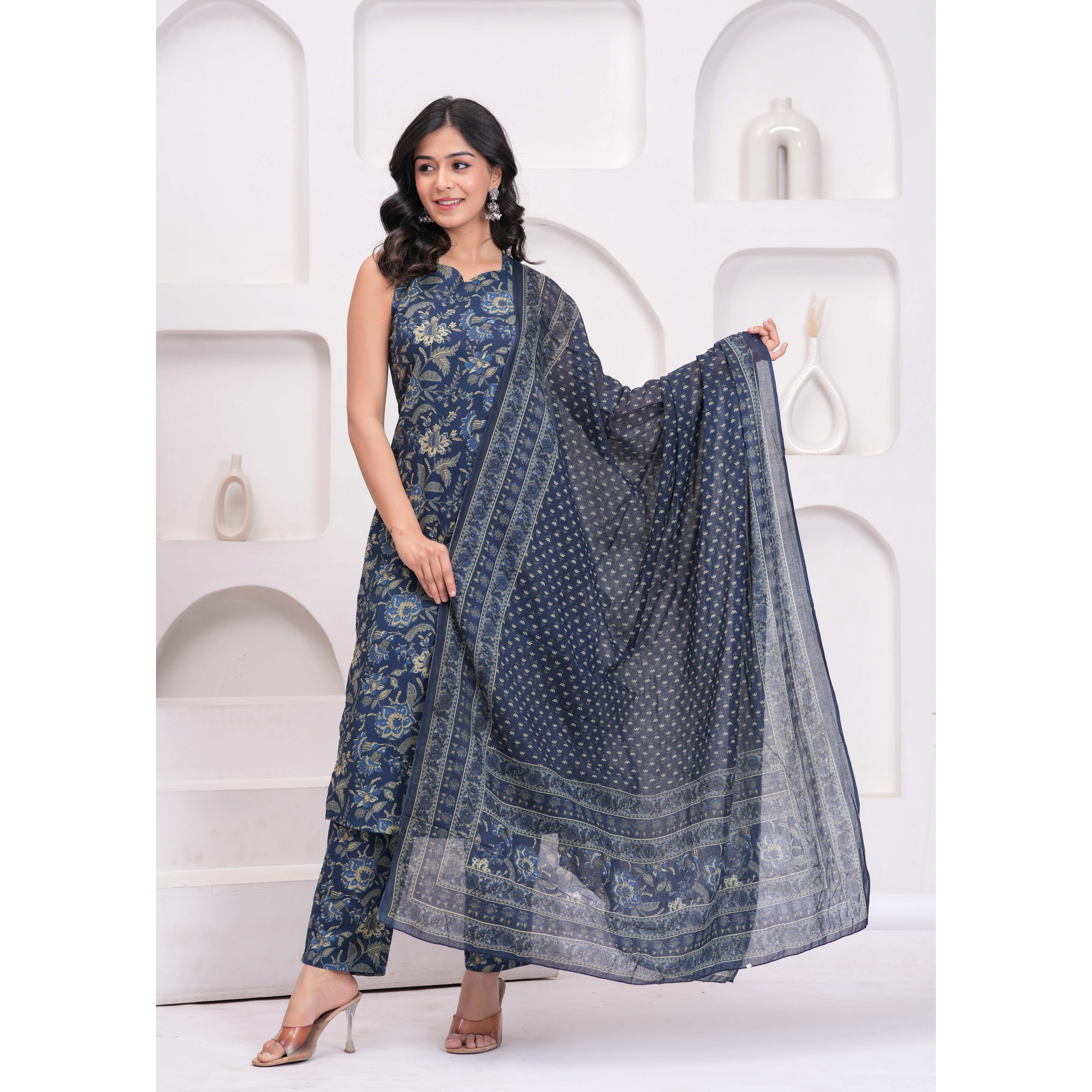 Blue Floral Printed Kurta Set with Dupatta for Women