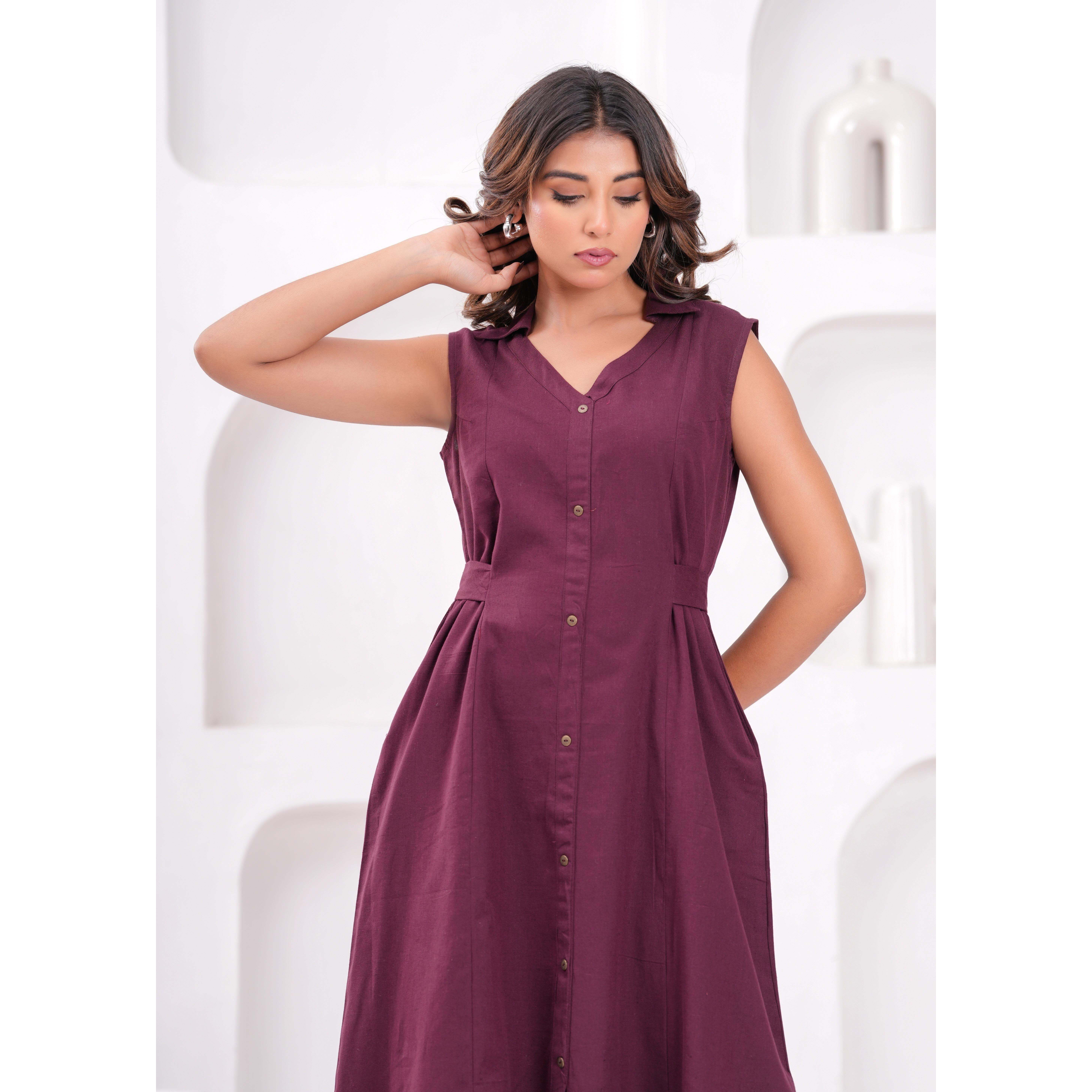 Solid Burgundy Notched Collar Dress for Women