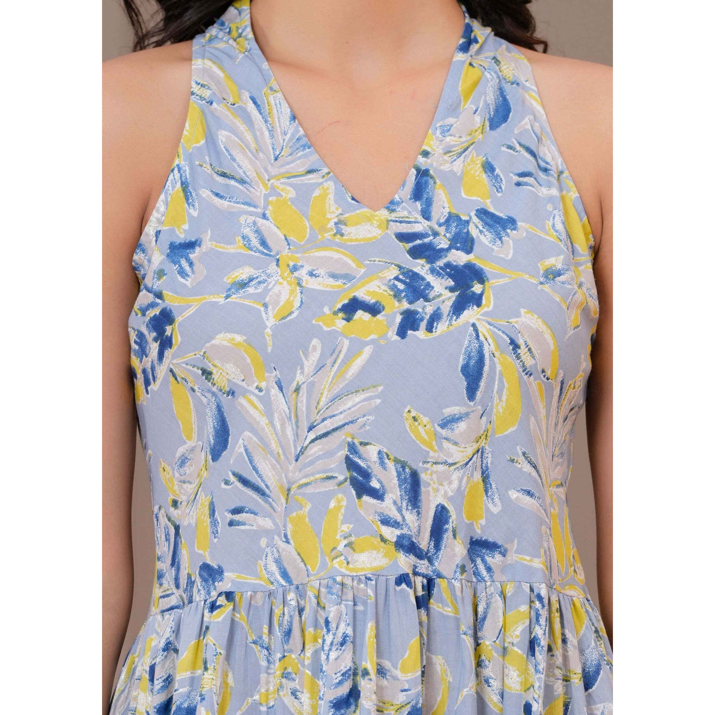 Printed Blue Halter Neck Dress for Women