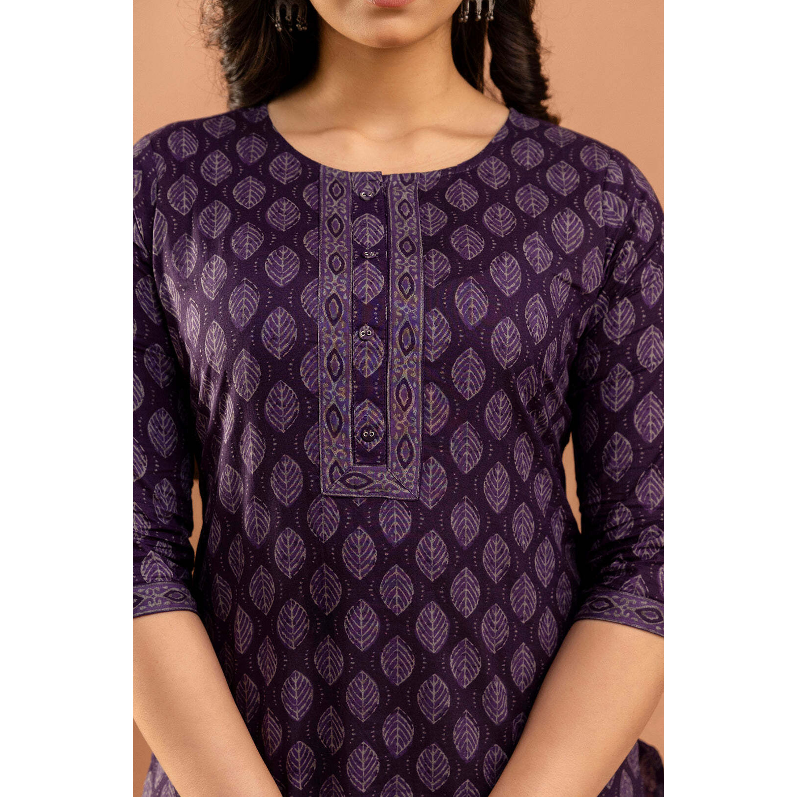 Purple Printed Straight Kurta with Three Quarter Sleeves