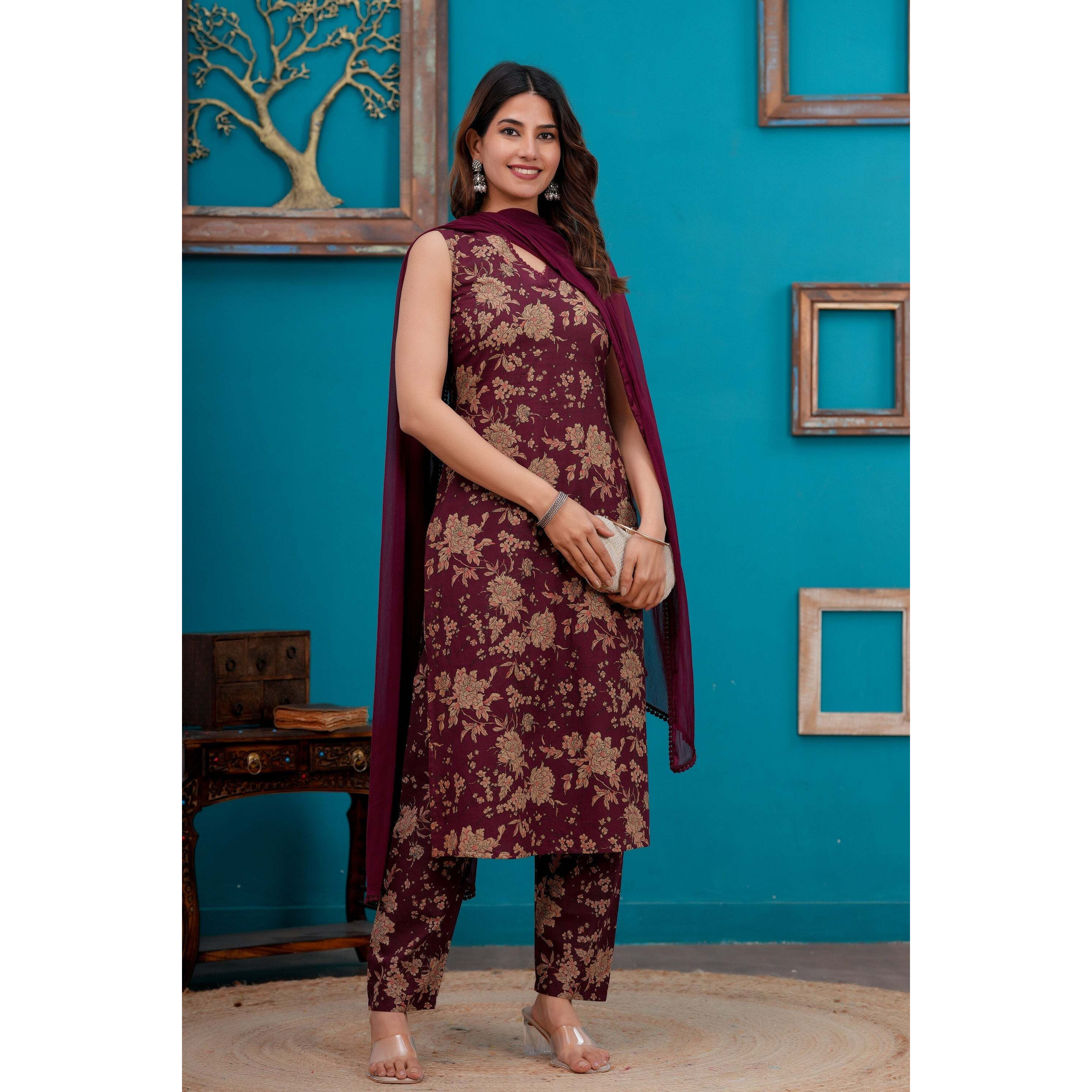 Burgundy Printed Straight Kurta Set With Dupatta for Women