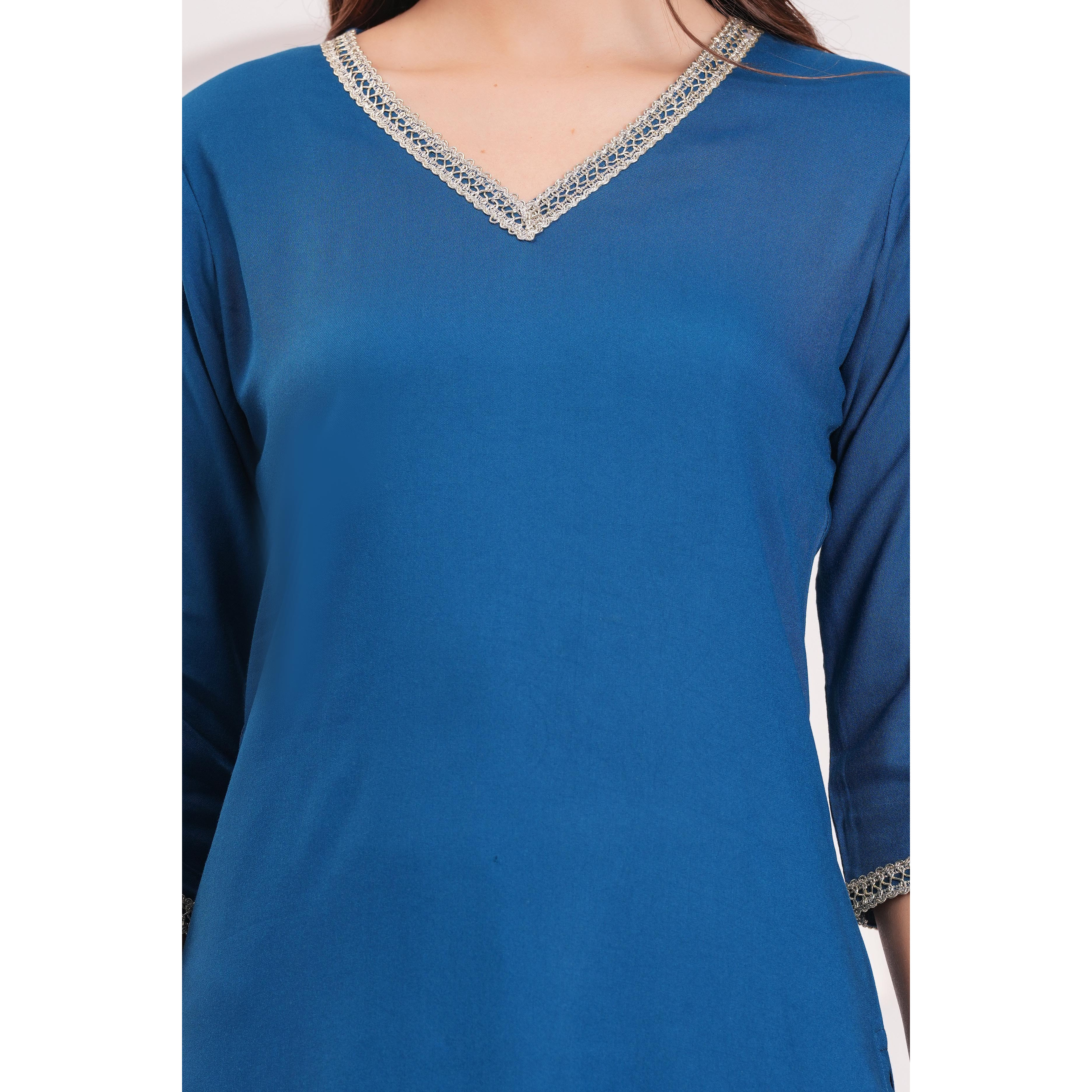 Teal Blue Solid Straight Kurta Set With Organza Dupatta for Women