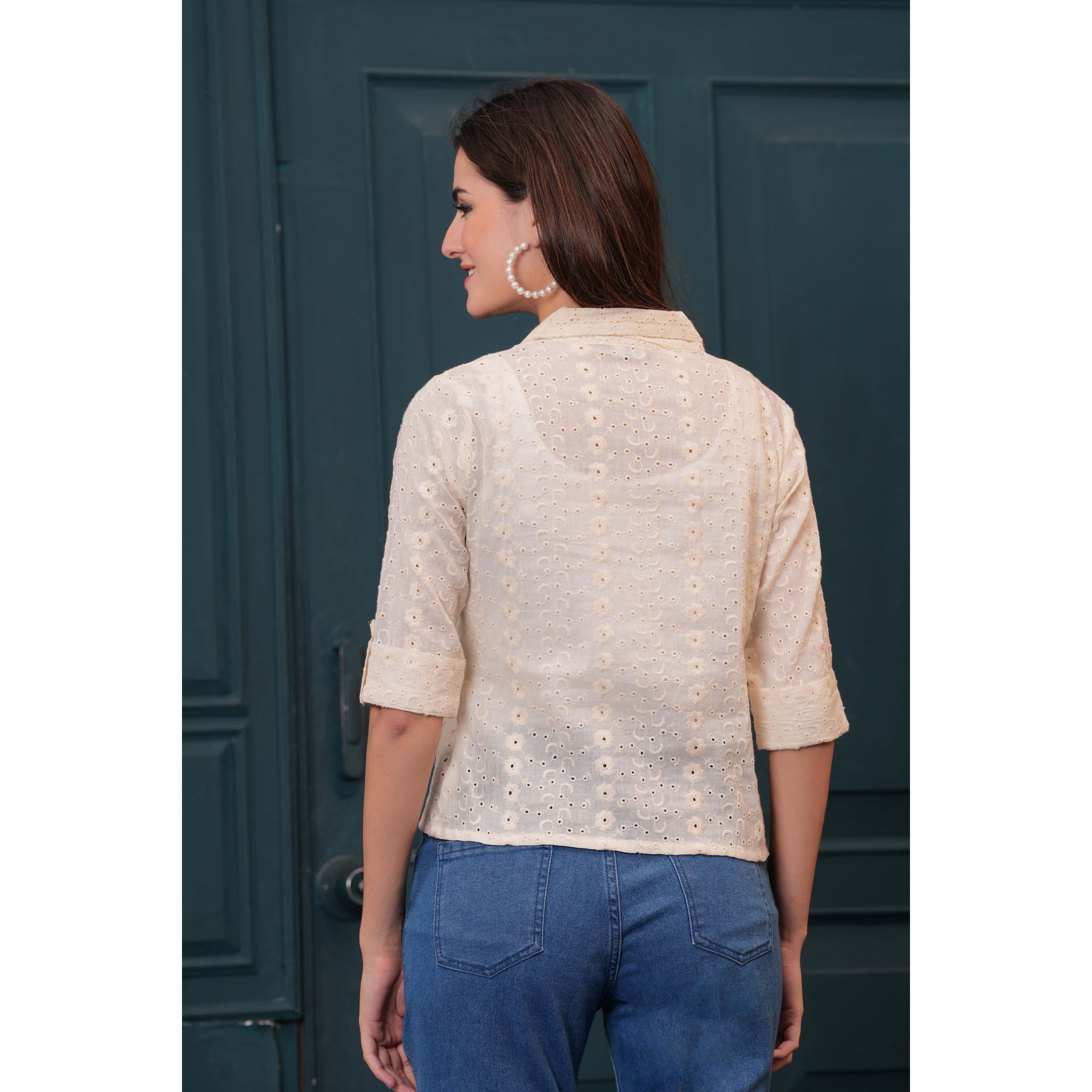 Women Off White Schiffli Cotton Straight Top