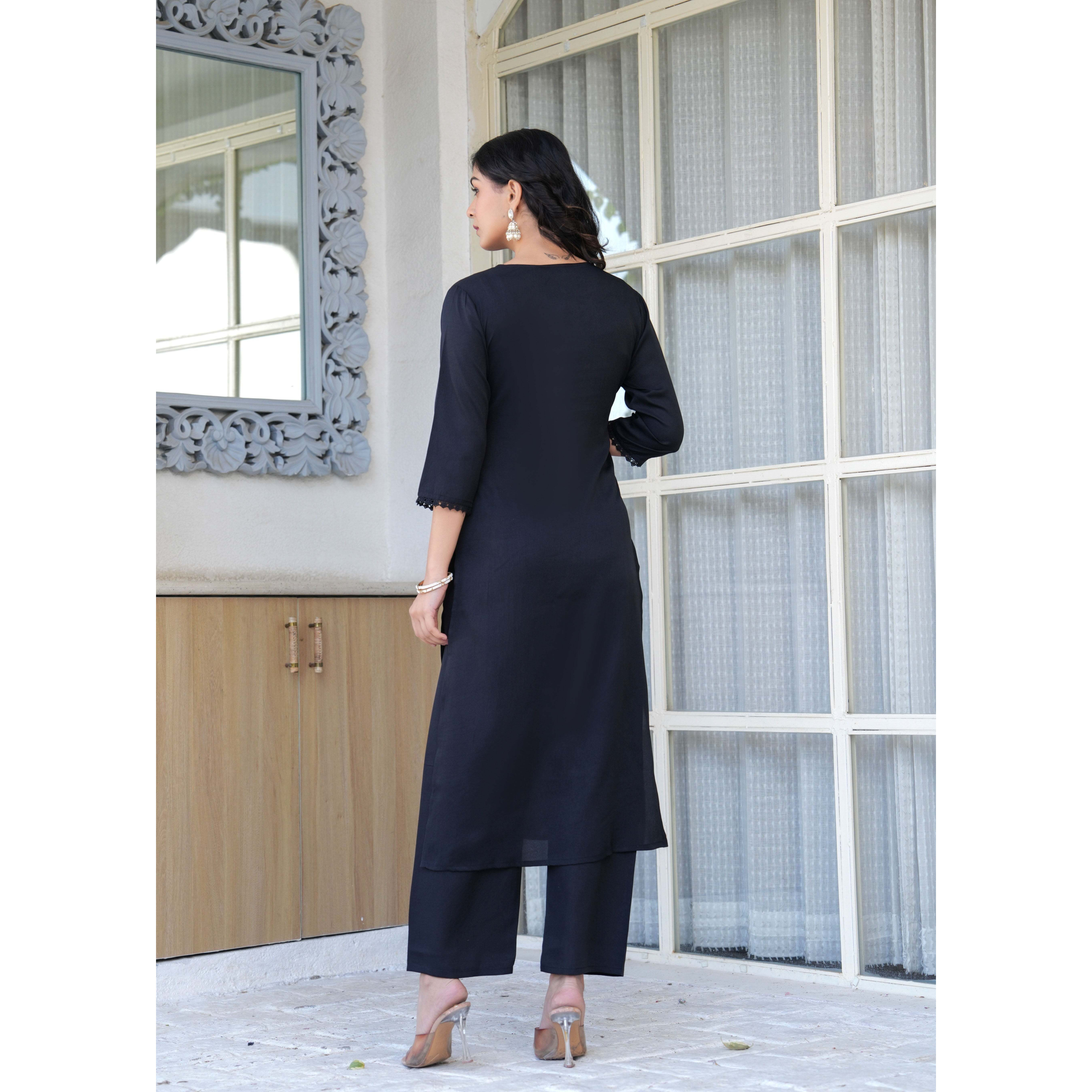 Black Straight Kurta Set With Printed Dupatta for Women