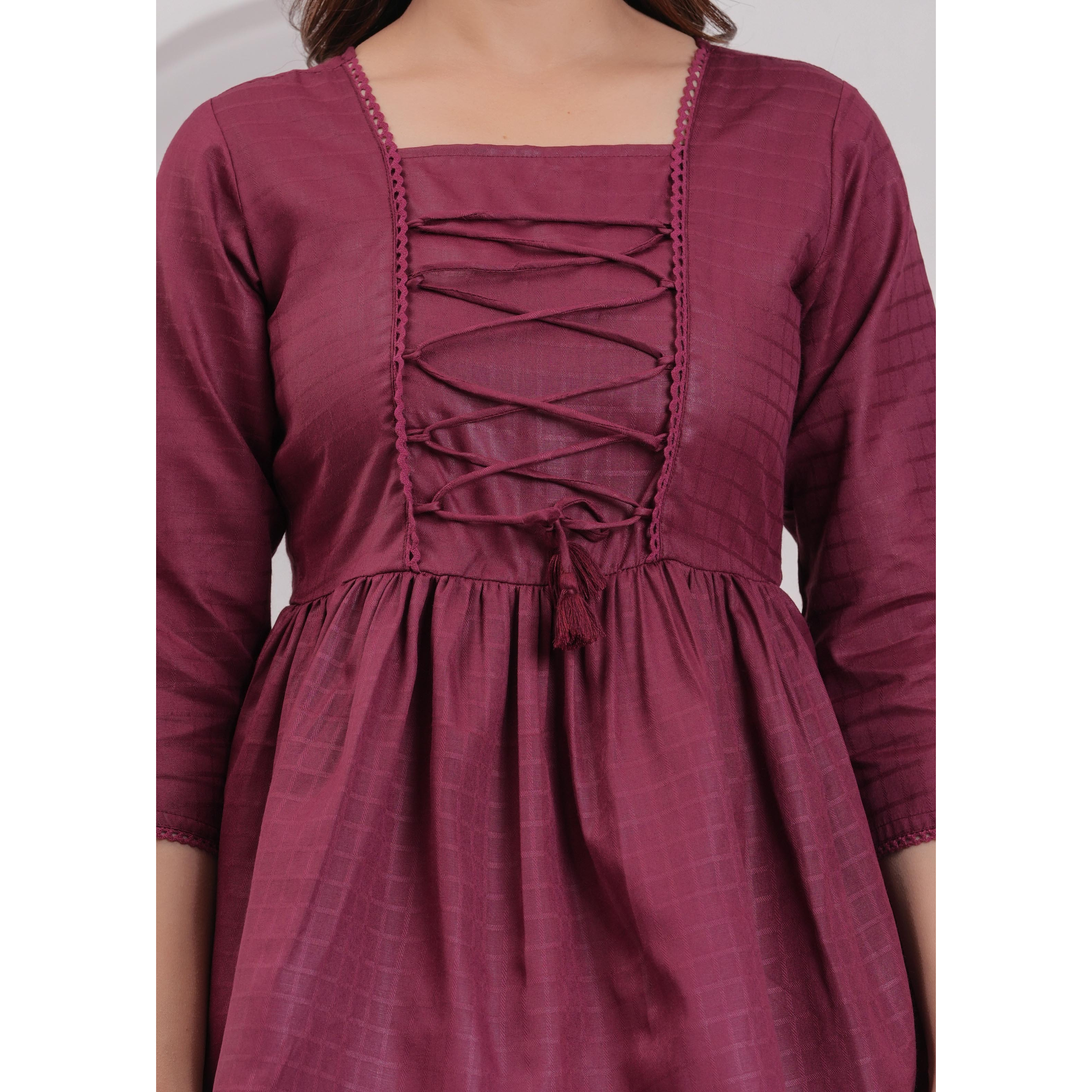 Women Burgundy Printed V-Neck Peplum Tunic