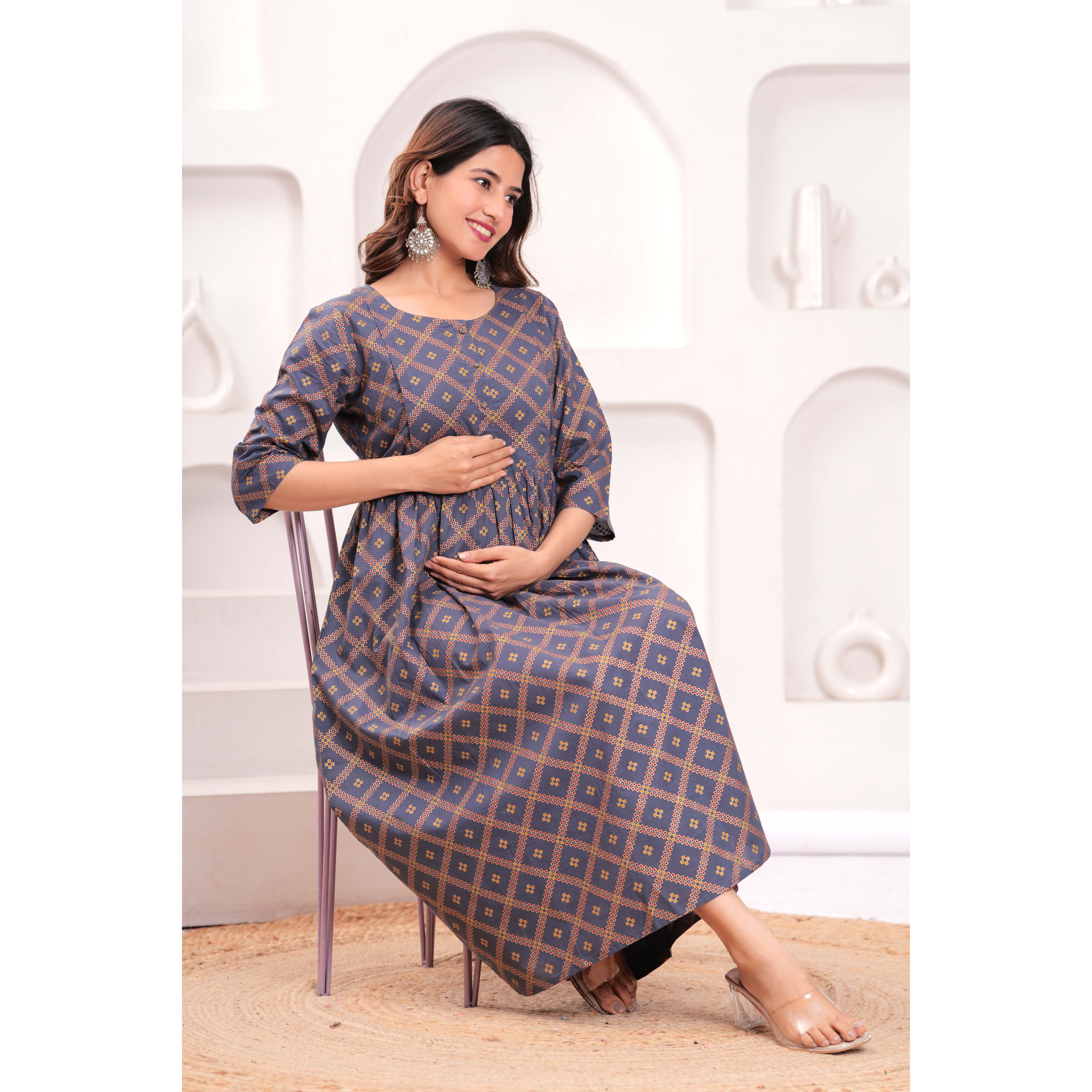 Women Grey Printed Flared Maternity Dress