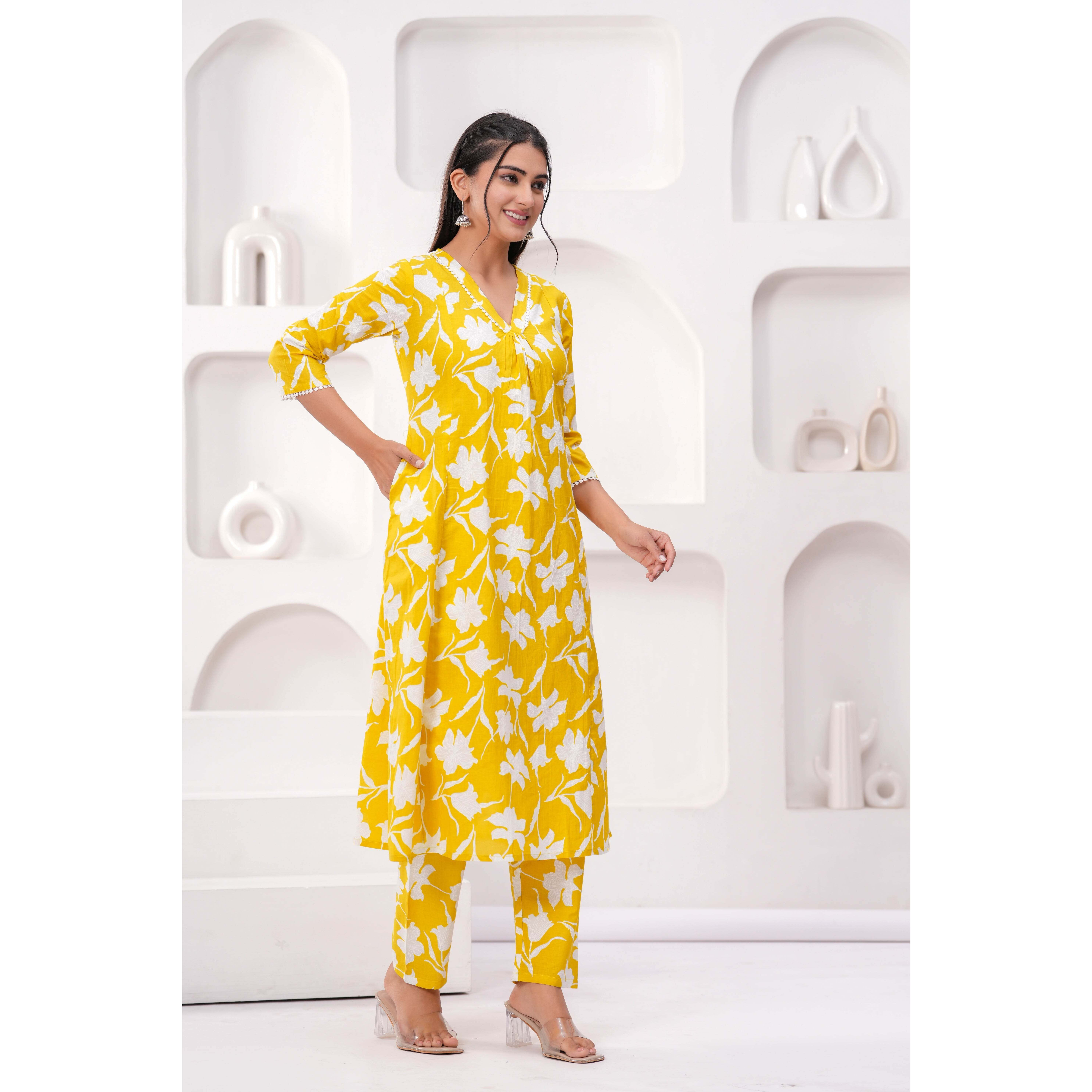Yellow Printed Two Piece Cotton Co-ord Set for Women