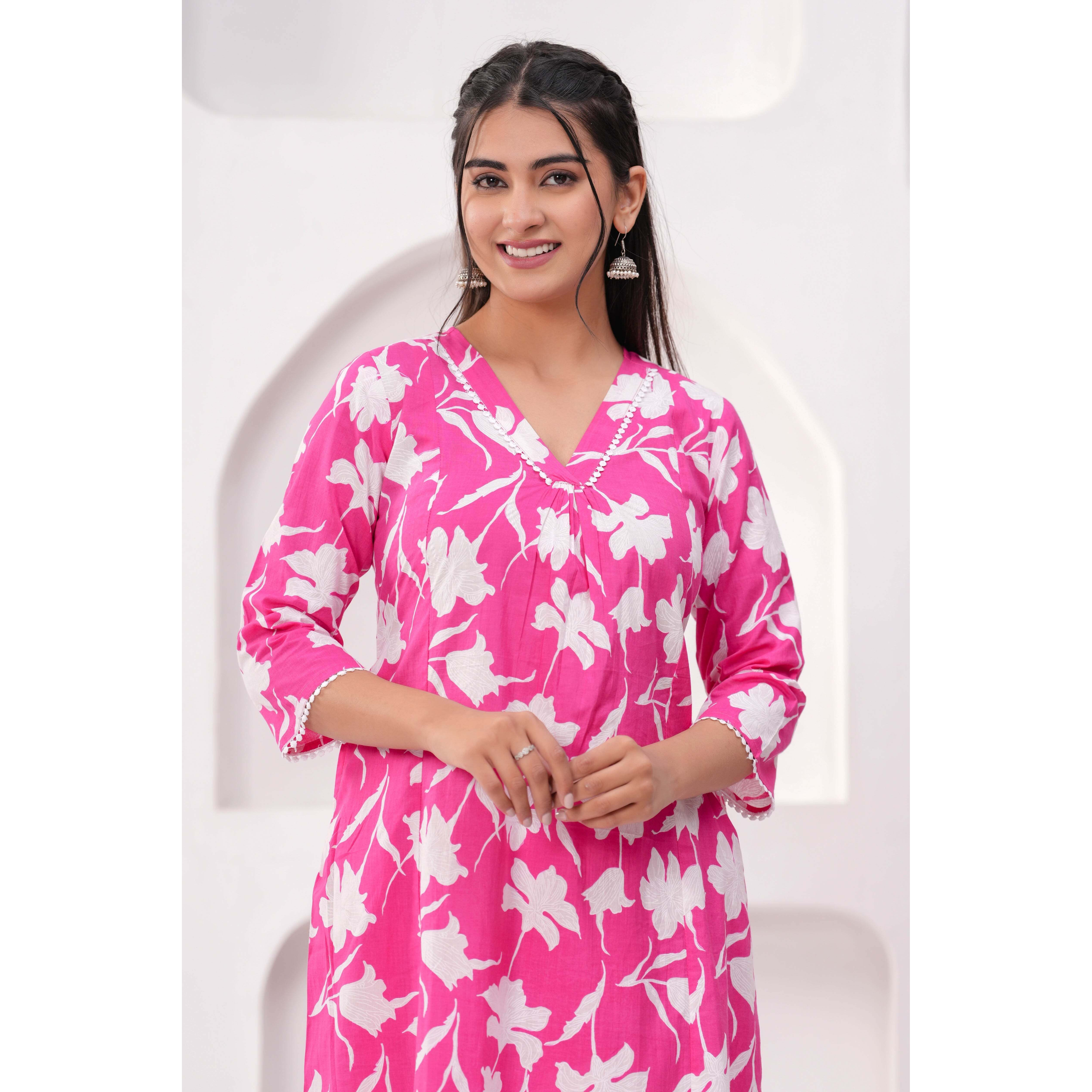 Pink Printed Two Piece Cotton Co-ord Set for Women