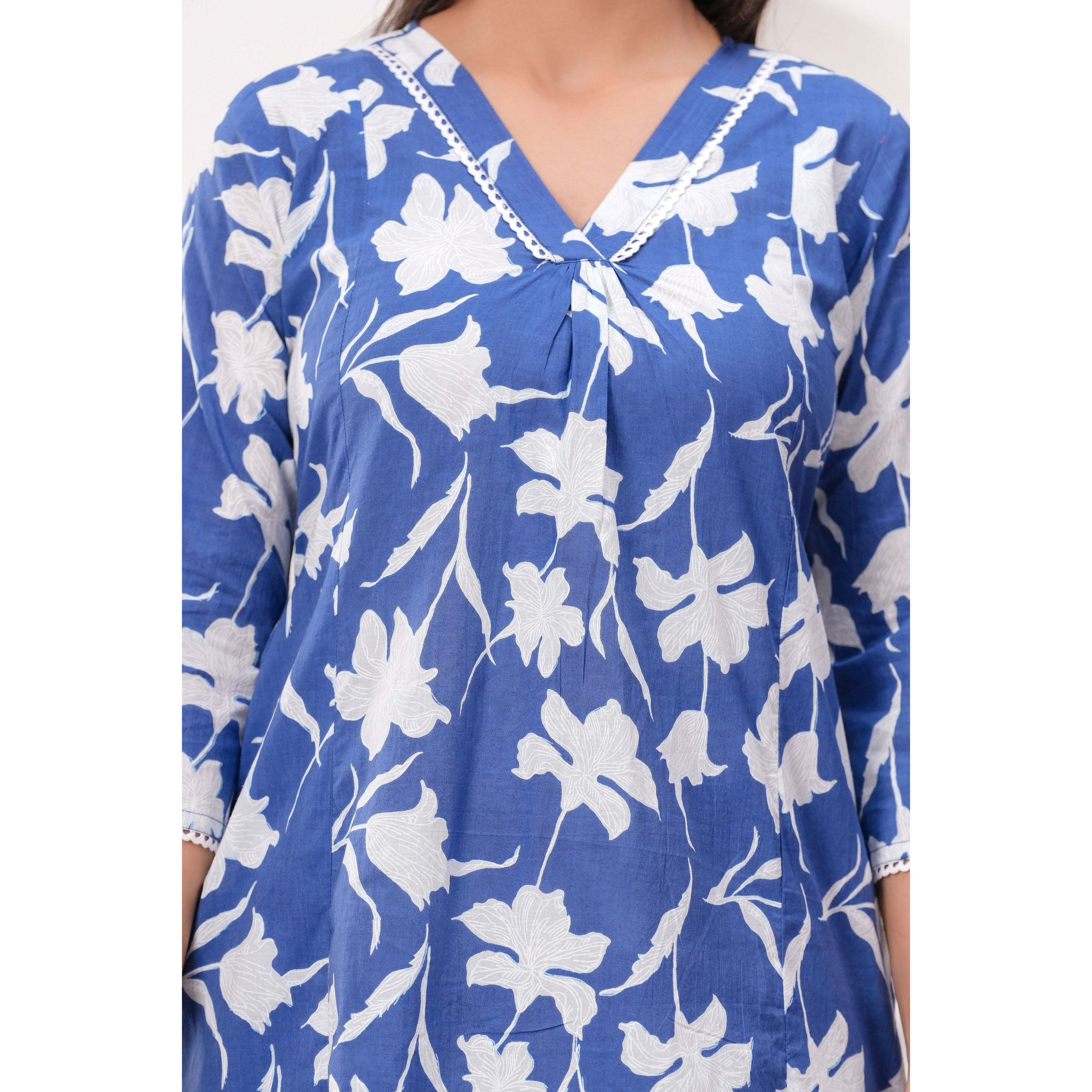Blue Printed Two Piece Cotton Co-ord Set for Women