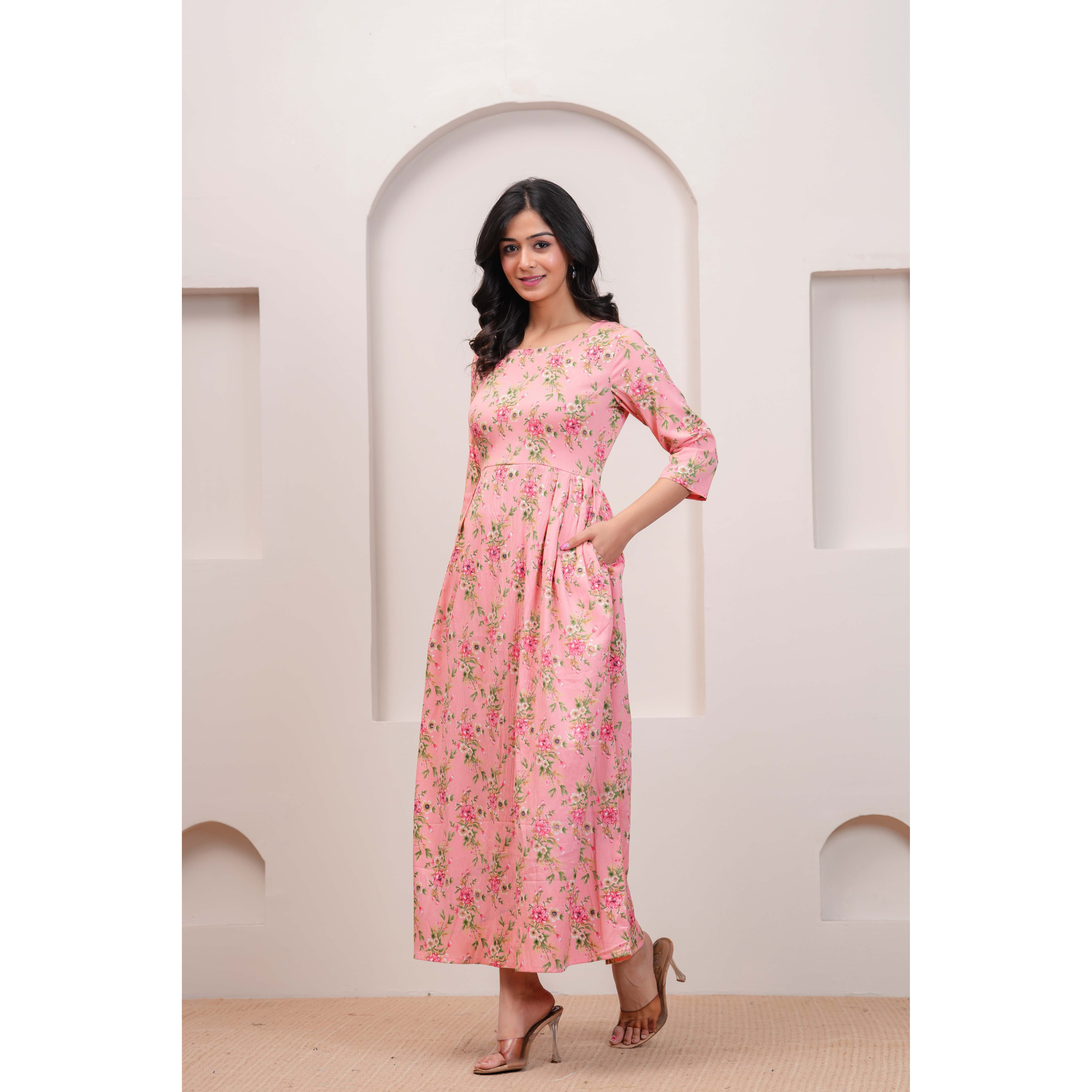 Peach Floral Printed Flared Dress for Women