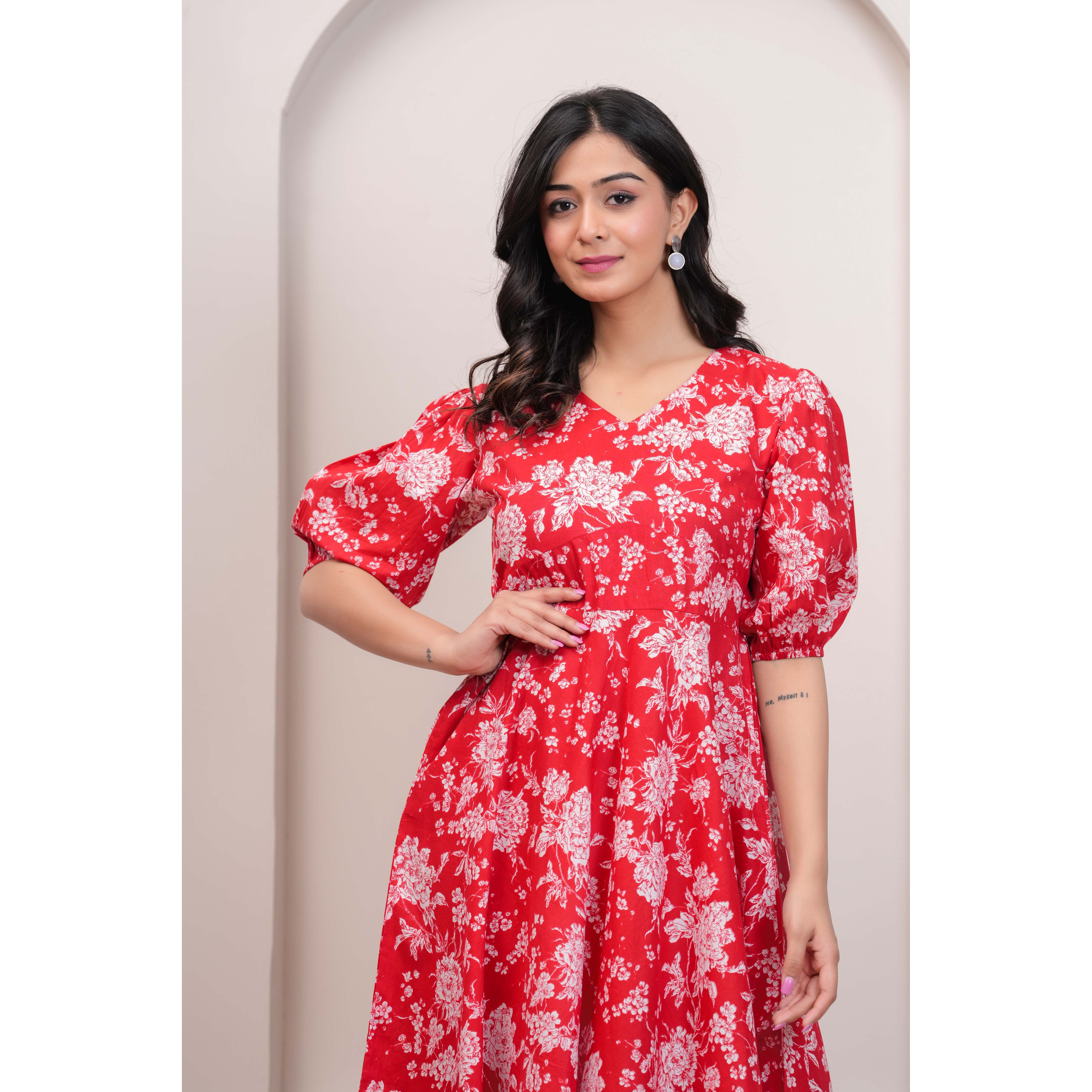 Red Floral Printed Flared Dress for Women