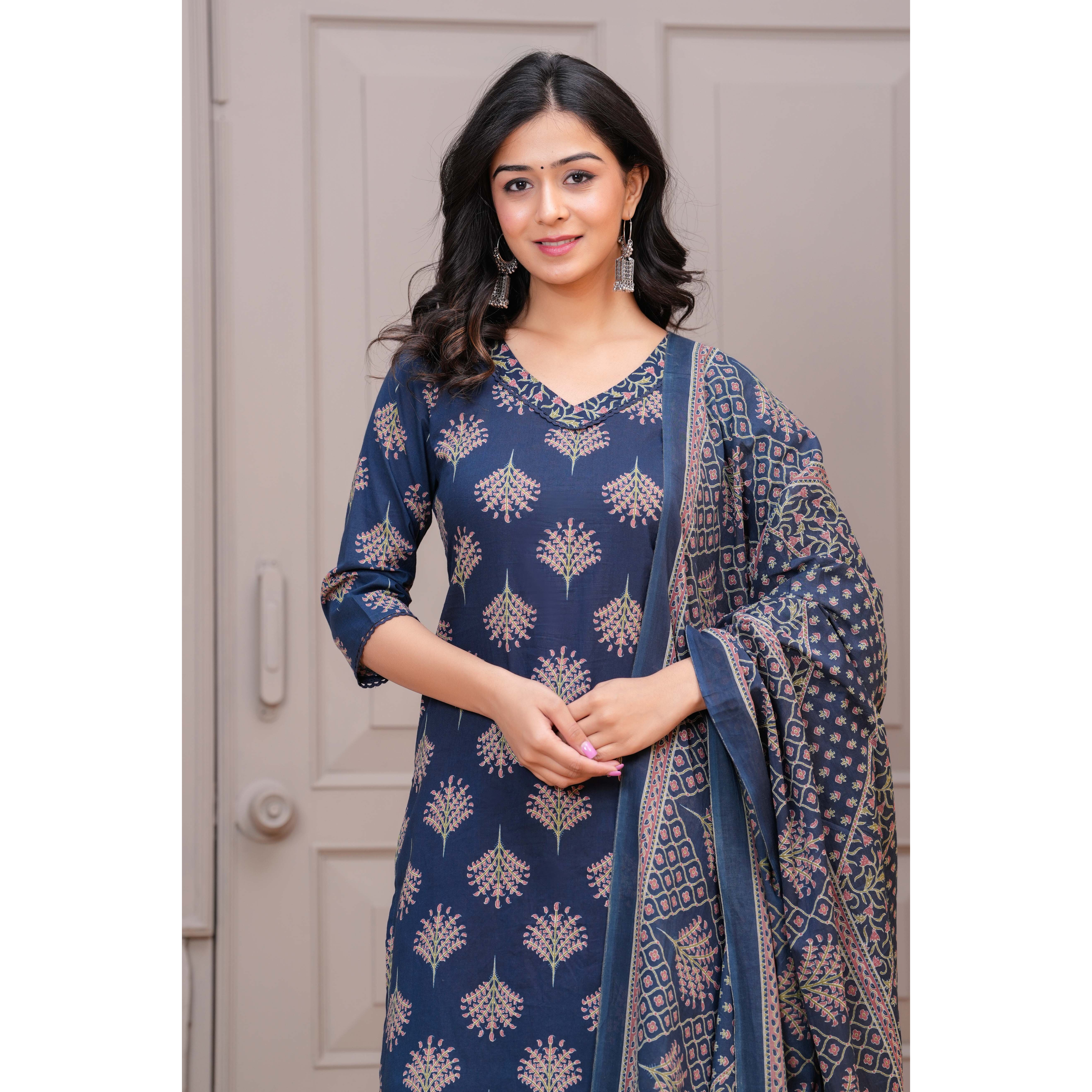 Navy Blue Printed Straight Kurta Set With Dupatta for Women
