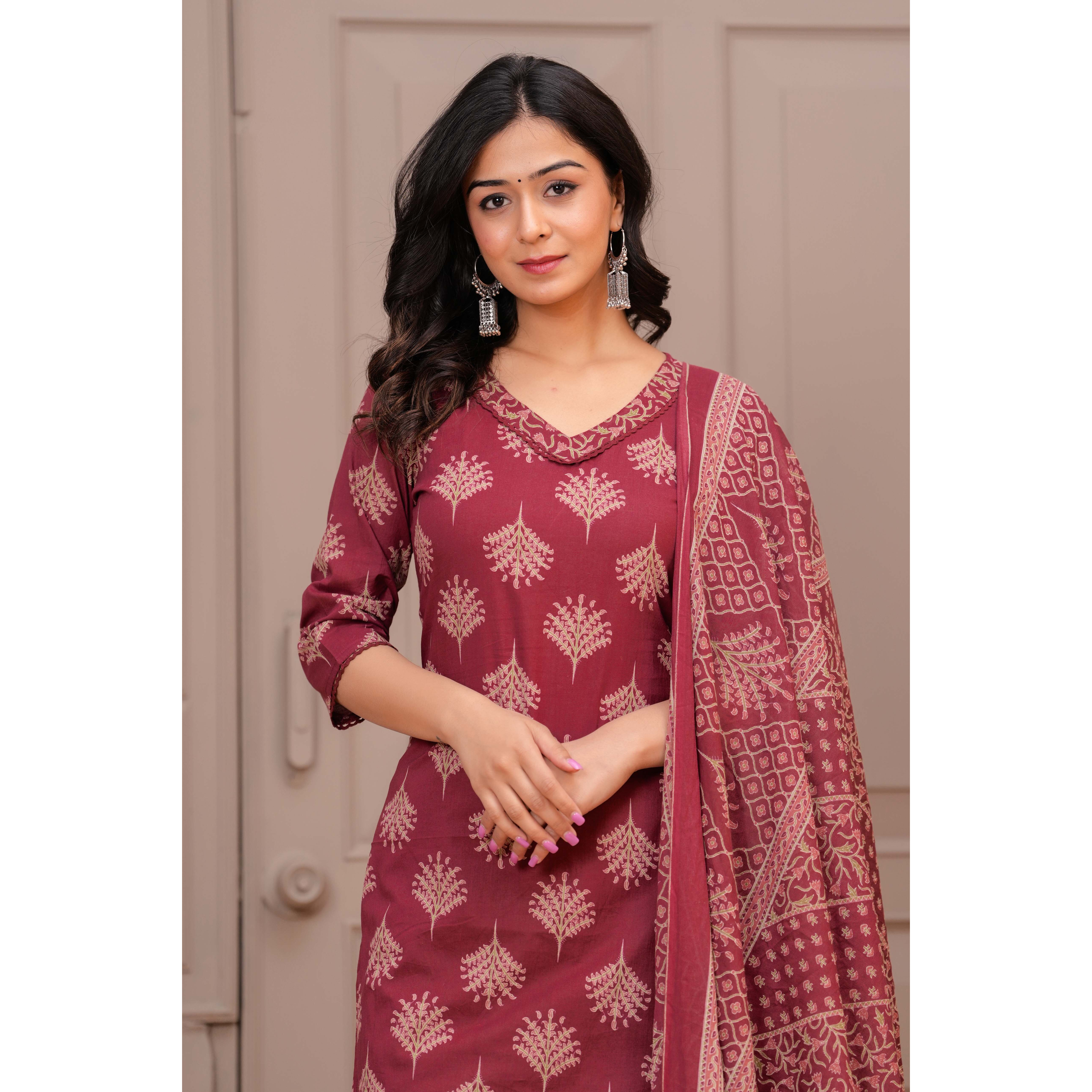 Maroon Printed Straight Kurta Set With Dupatta for Women