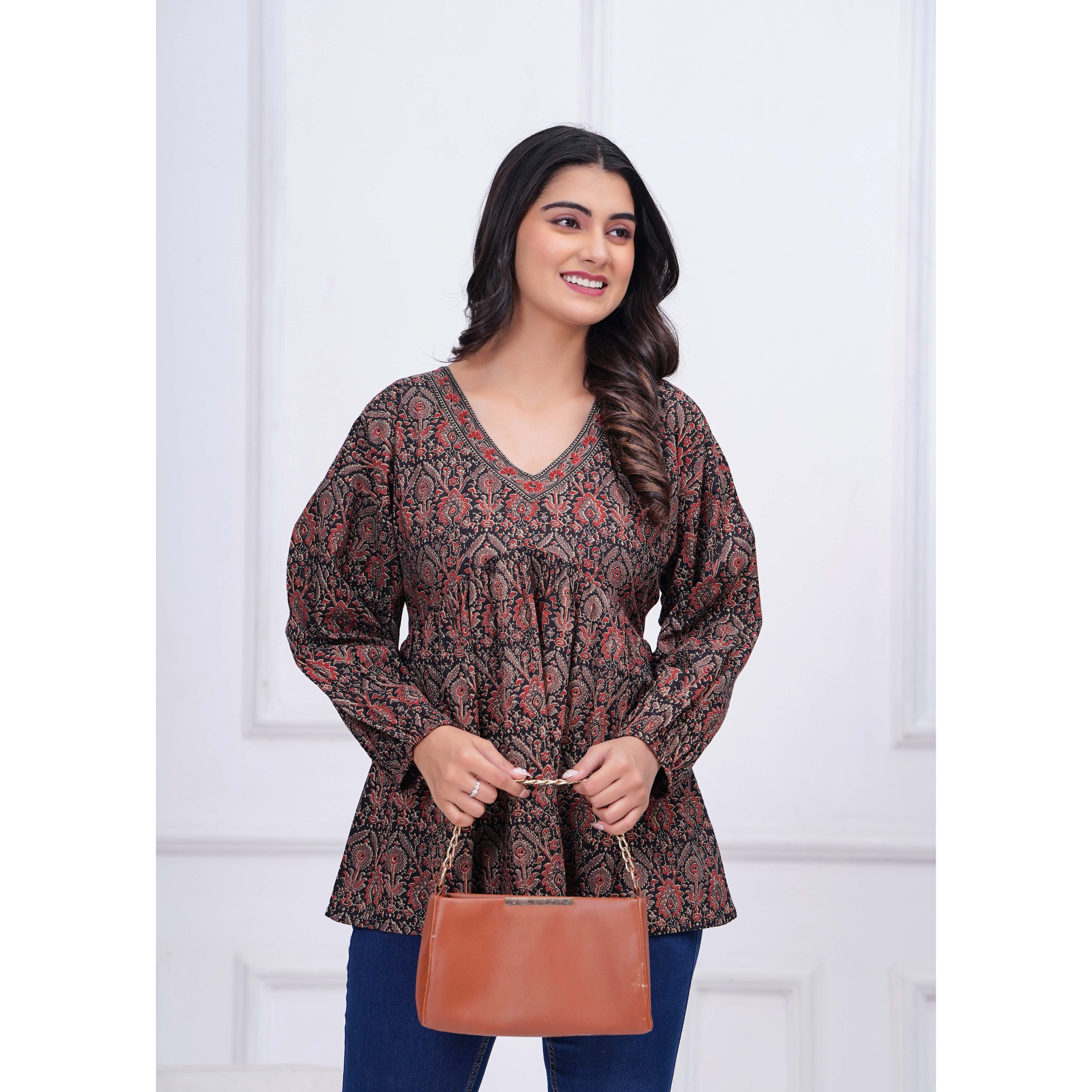 Black Ethnic Printed Peplum TunicFor Women