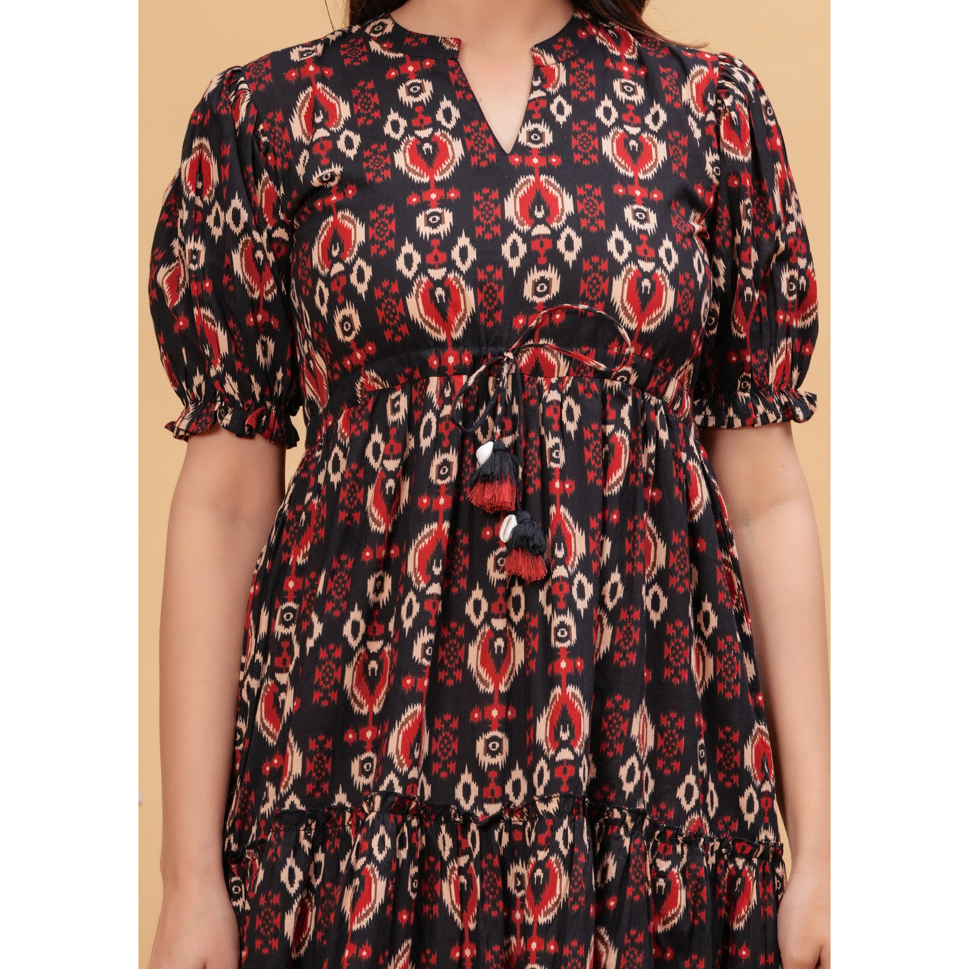Black Abstract Printed Flared Dress for Women