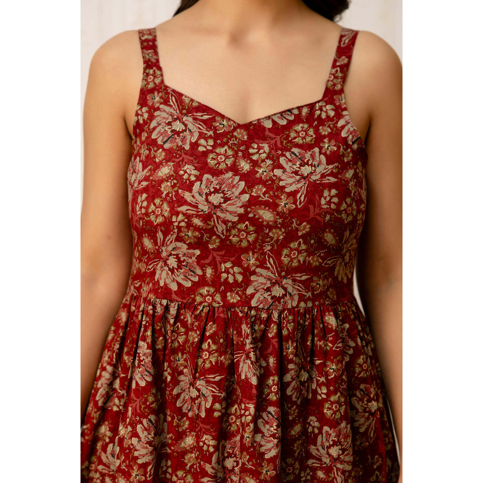 Maroon Floral Printed Flared Dress for Women
