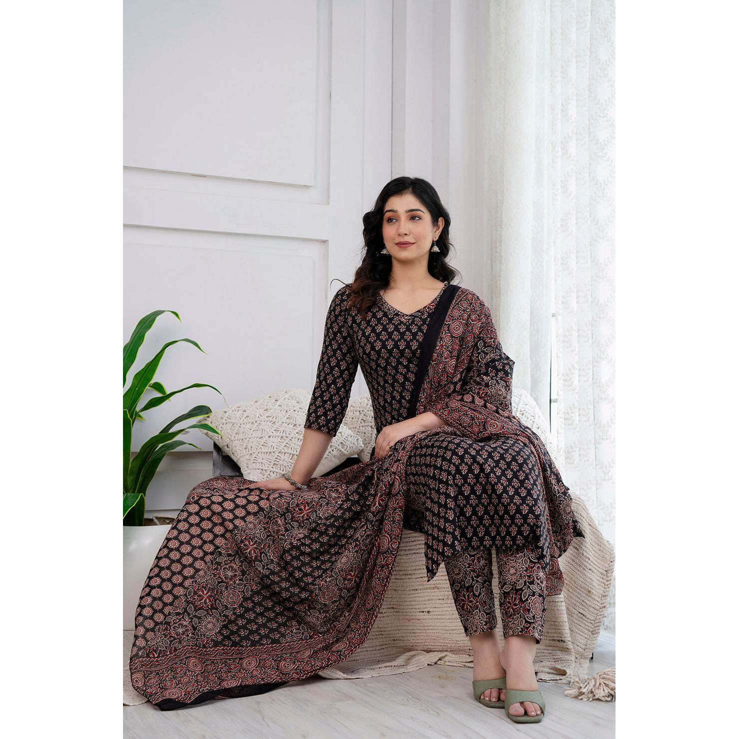 Black Printed Straight Kurta and Trouser With Dupatta