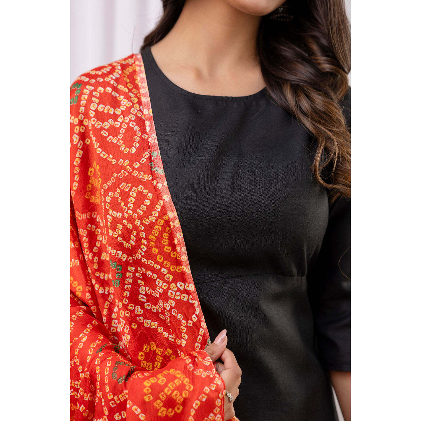 Black Straight Kurta Set With Printed Dupatta for Women