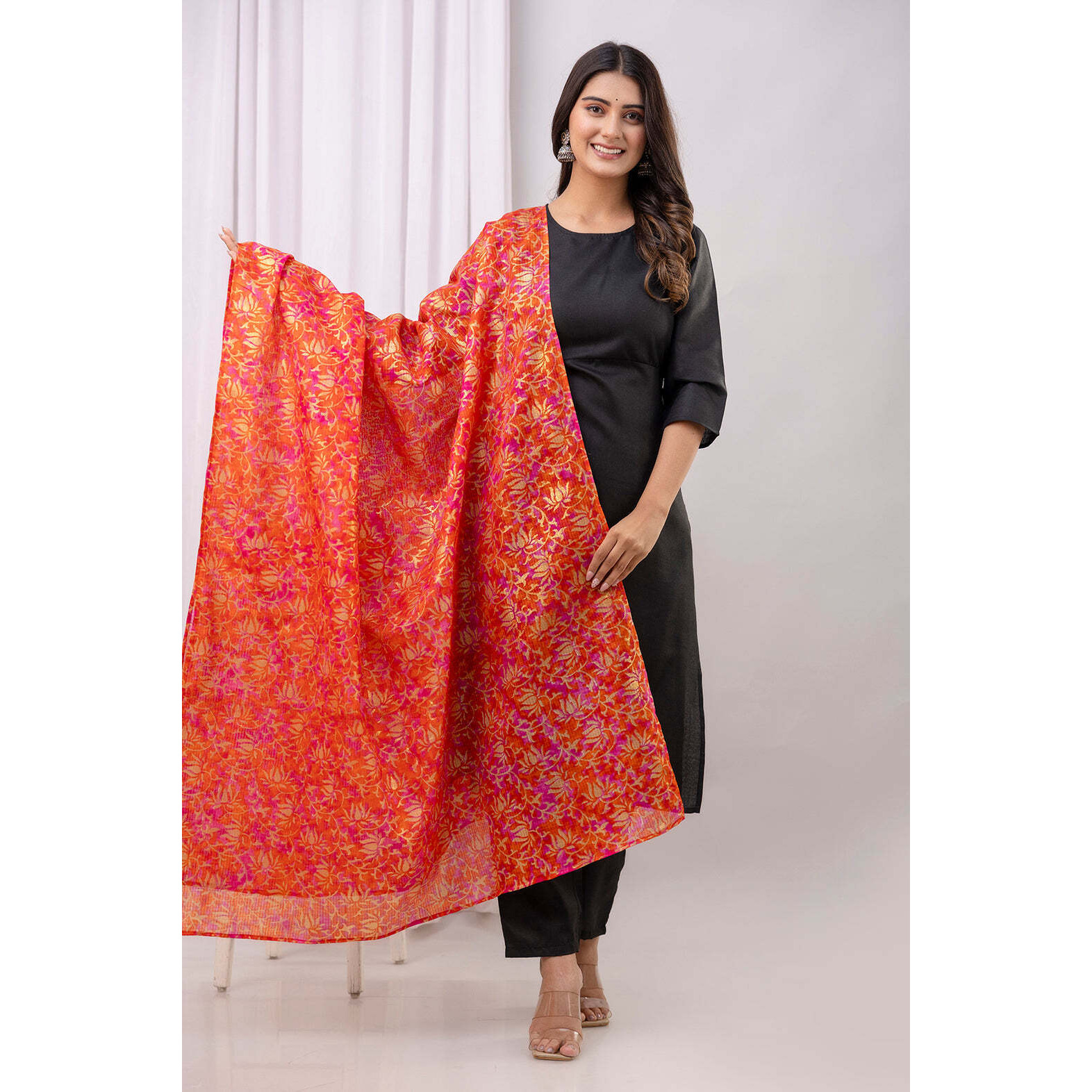 Black Straight Kurta Set With Printed Dupatta for Women