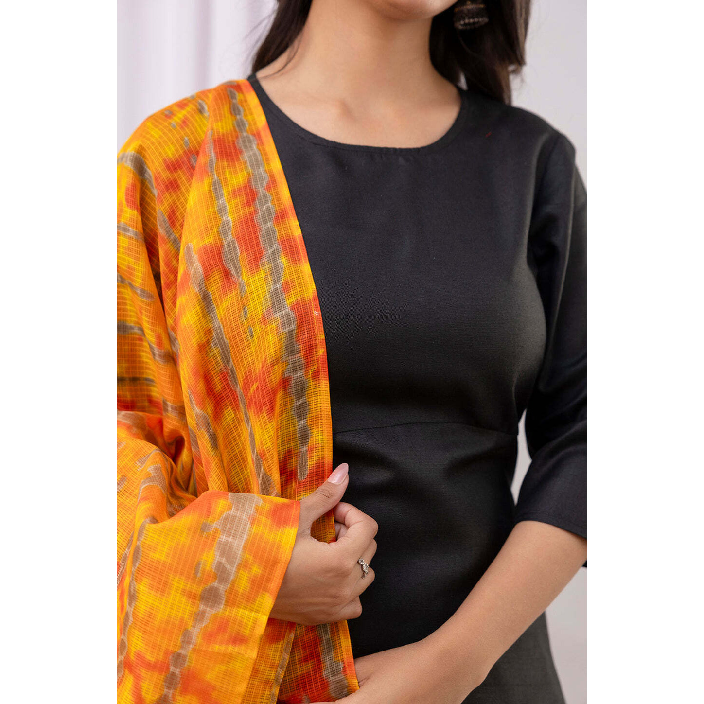 Black Straight Kurta Set With Printed Dupatta for Women