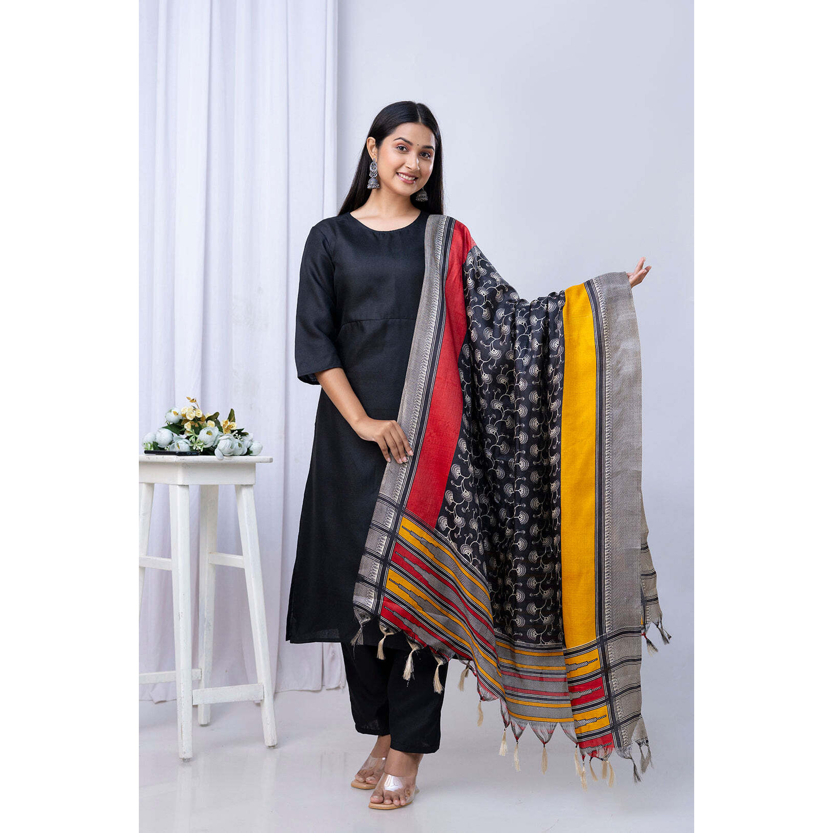 Black Straight Kurta Set With Printed Dupatta for Women