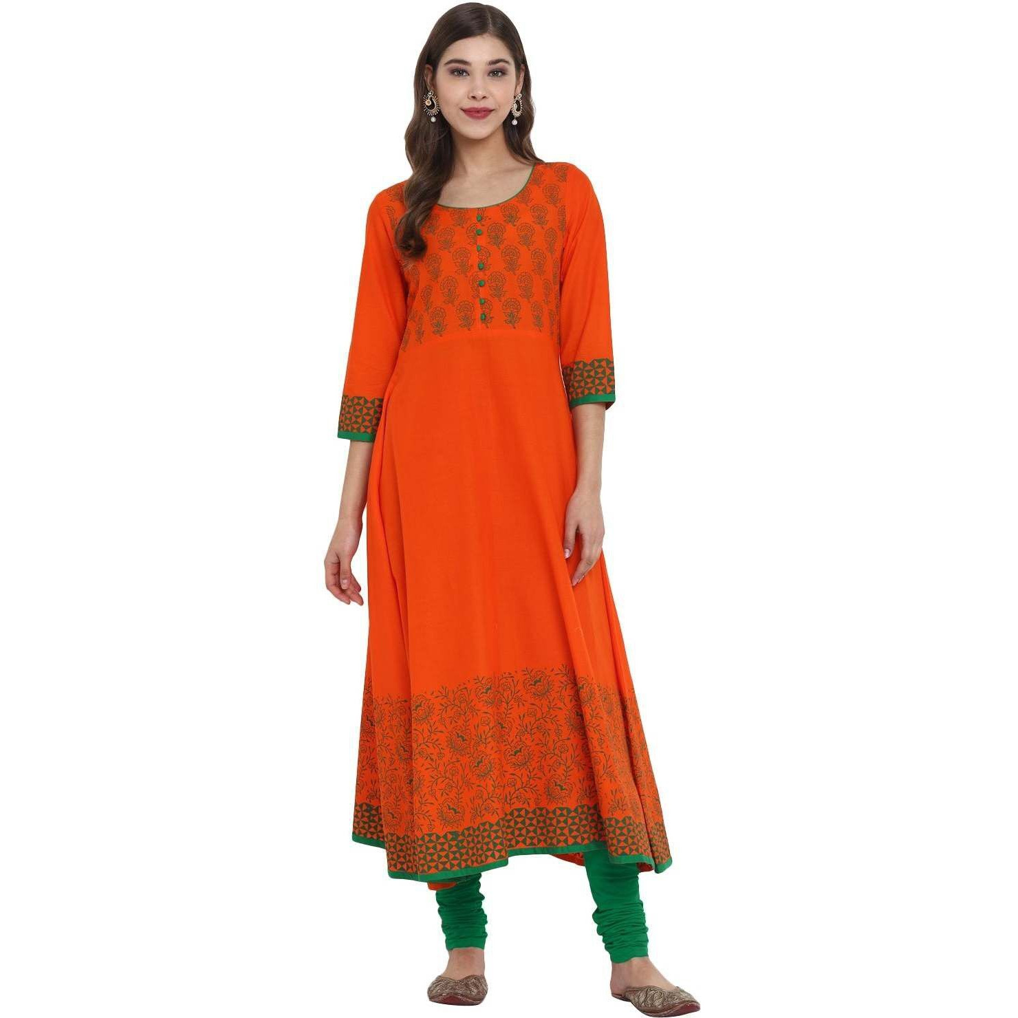 NOZ2TOZ Women Floral Print Anarkali Kurta (Orange) (Size M, Color Orange)