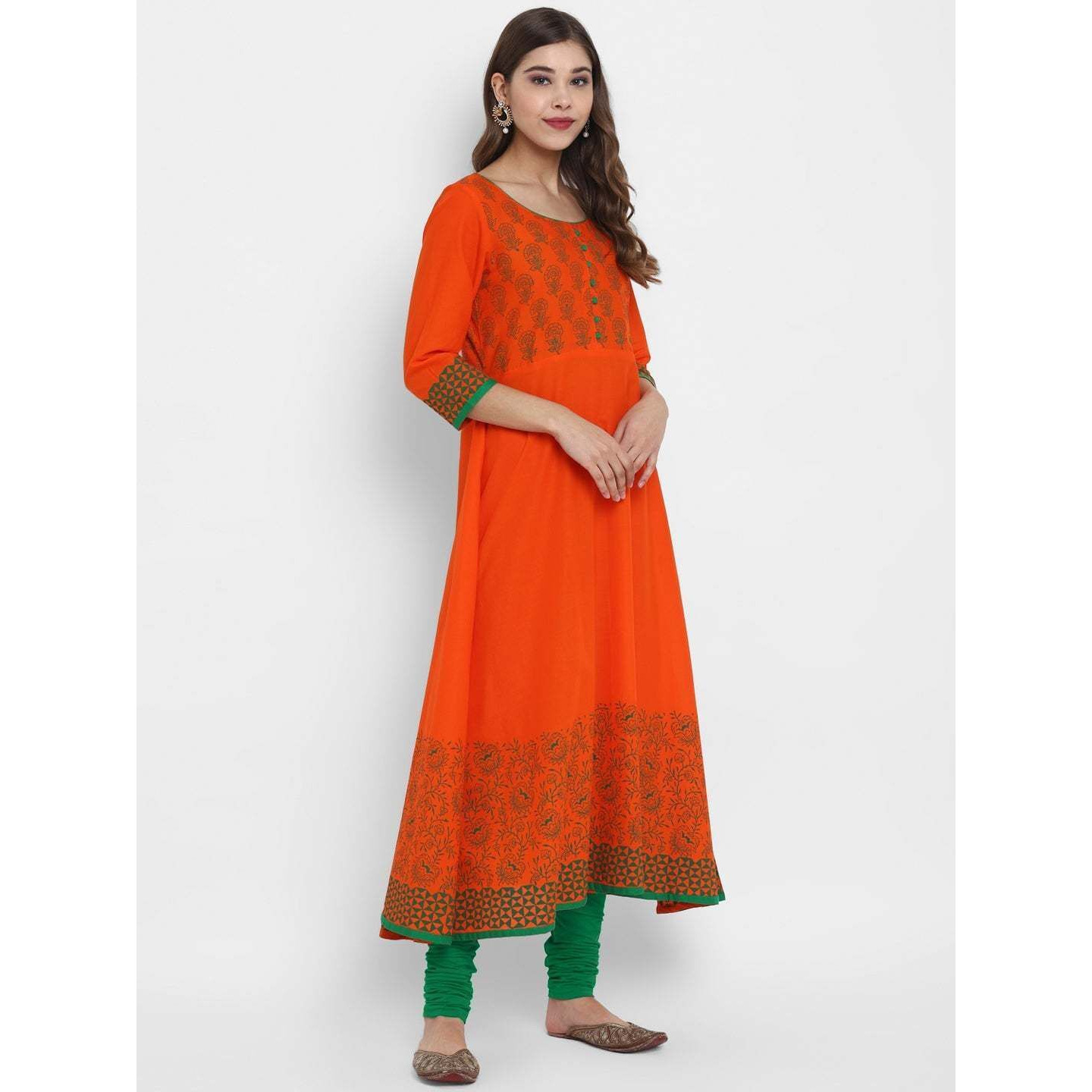 NOZ2TOZ Women Floral Print Anarkali Kurta (Orange) (Size M, Color Orange)