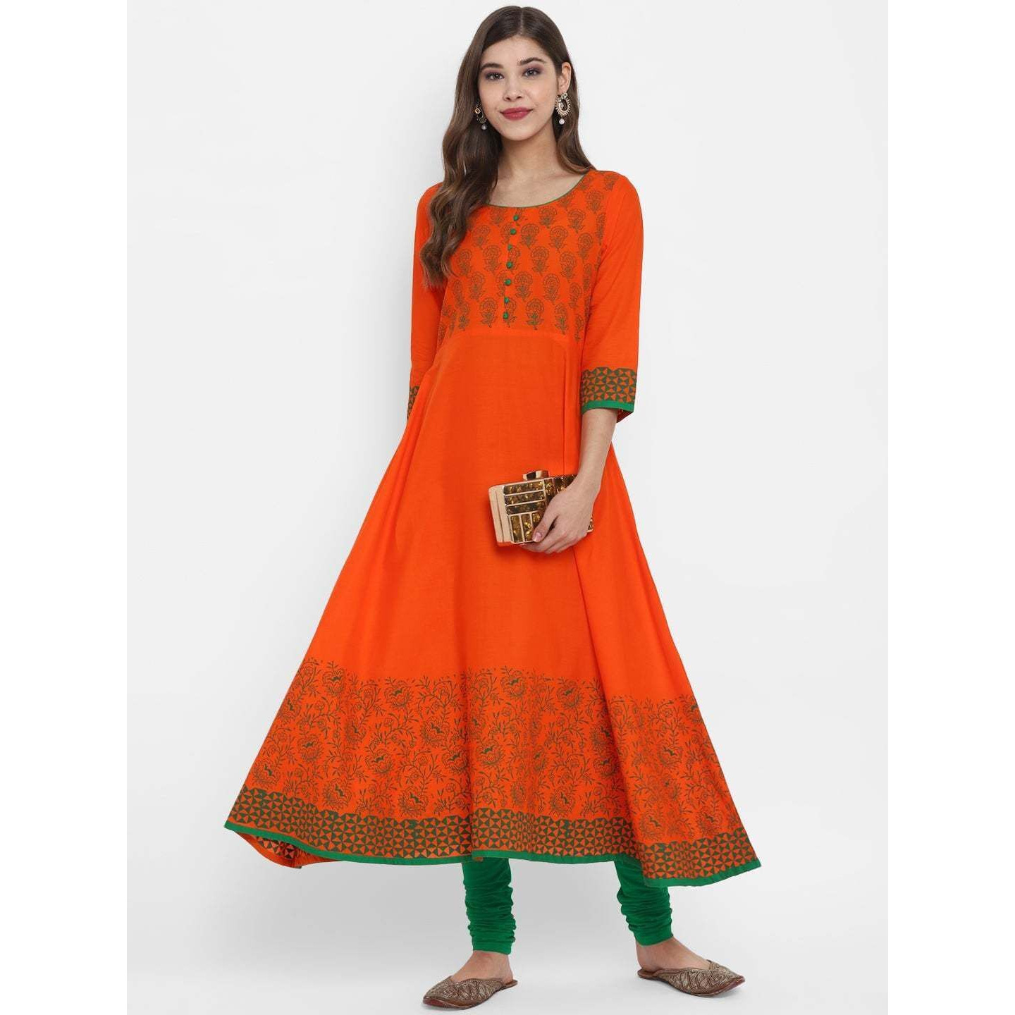 NOZ2TOZ Women Floral Print Anarkali Kurta (Orange) (Size M, Color Orange)