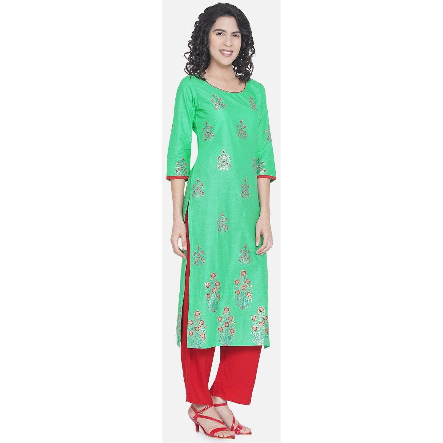 NOZ2TOZ Women Printed Straight Kurta (Green)