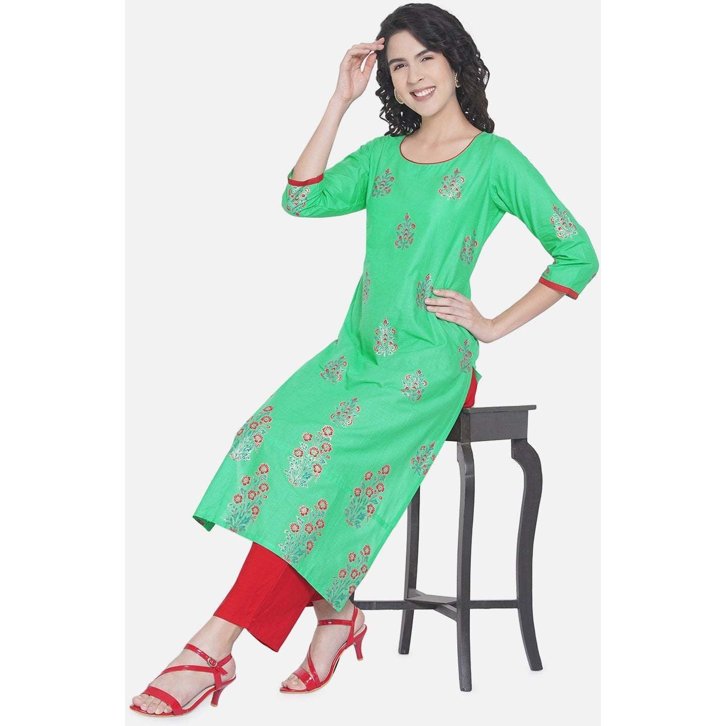 NOZ2TOZ Women Printed Straight Kurta (Green) (Size S, Color Green)