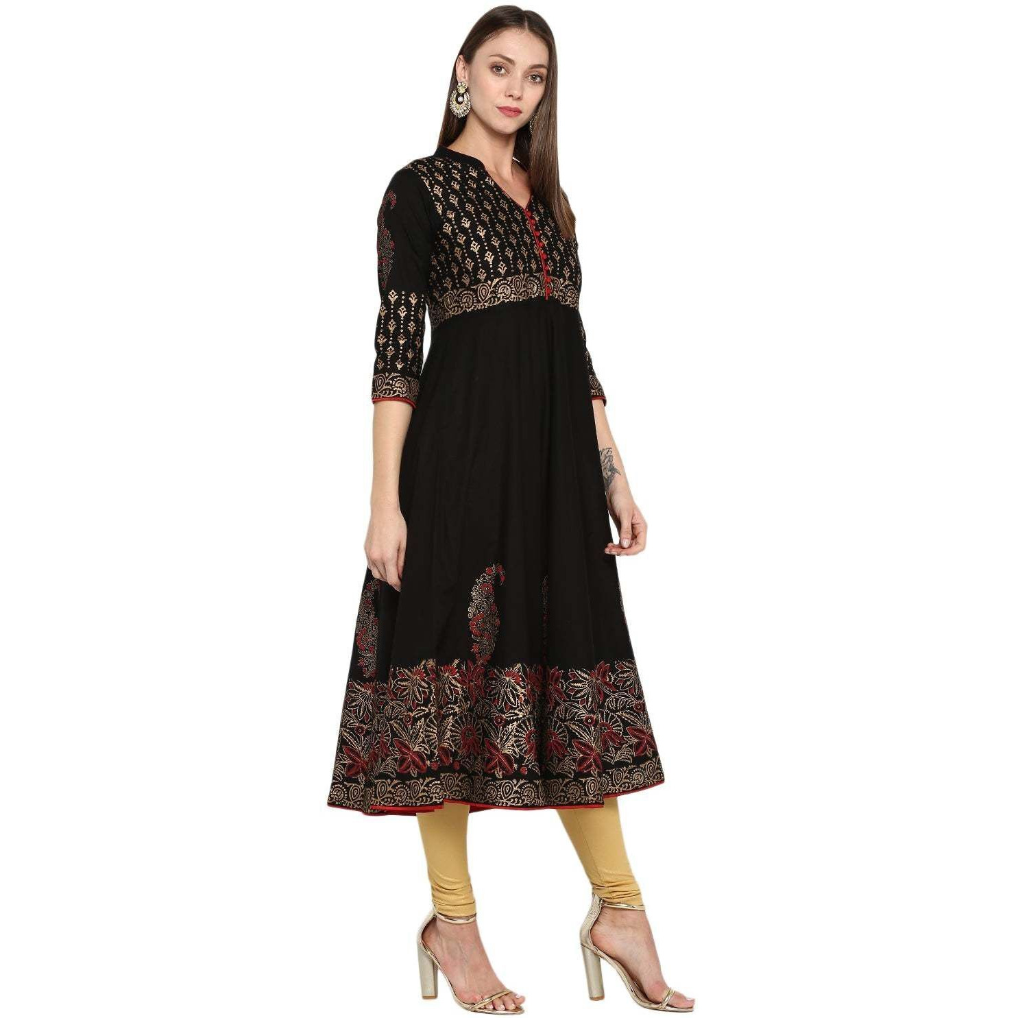 NOZ2TOZ Women Printed Anarkali Kurta (Black) (Size XXL, Color Black)
