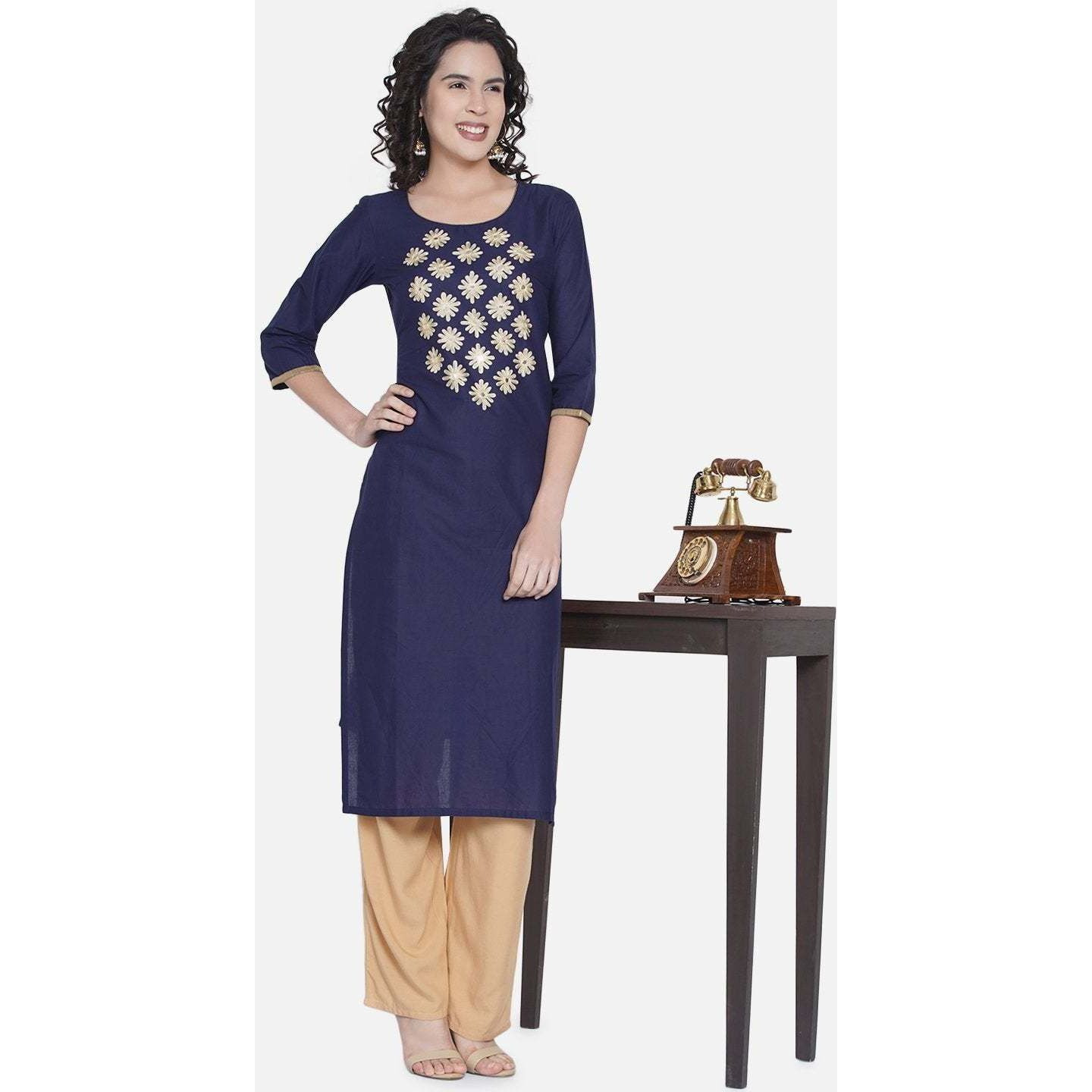 NOZ2TOZ Women Embroidered Straight Kurta (Blue)
