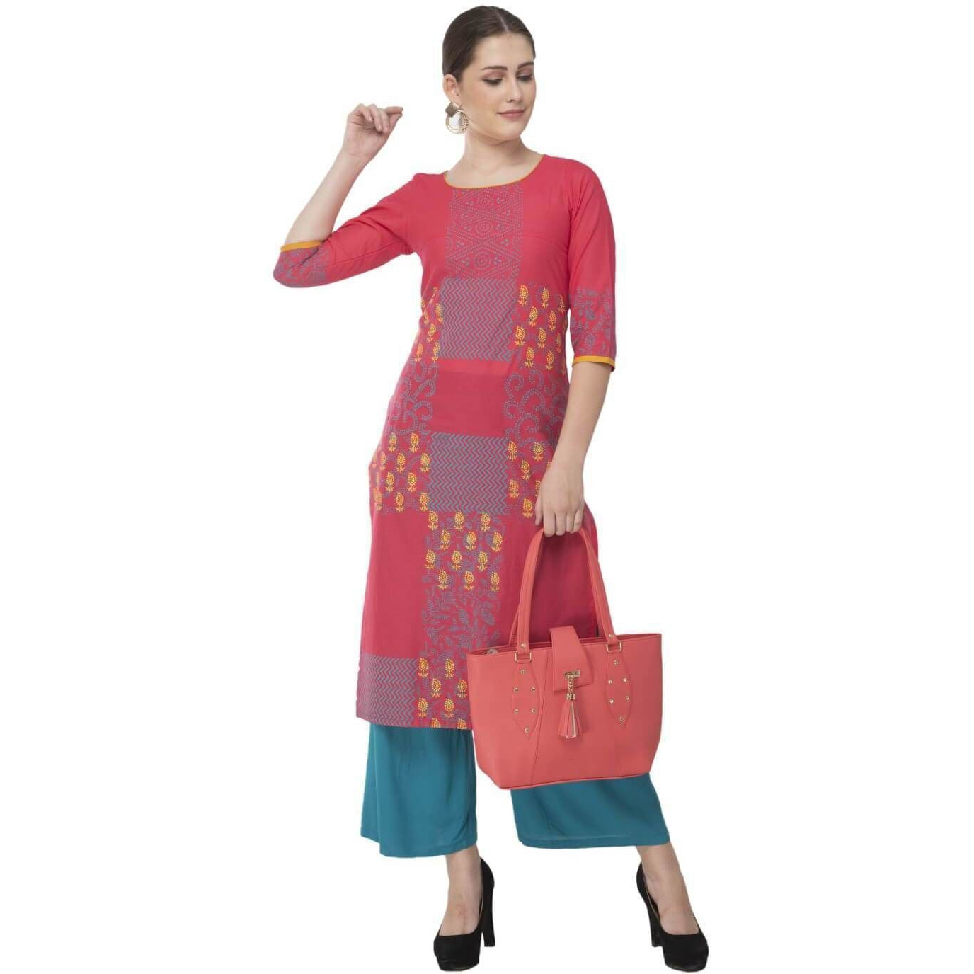 NOZ2TOZ Women Printed Straight Kurta (Pink) (Size XL, Color Pink)