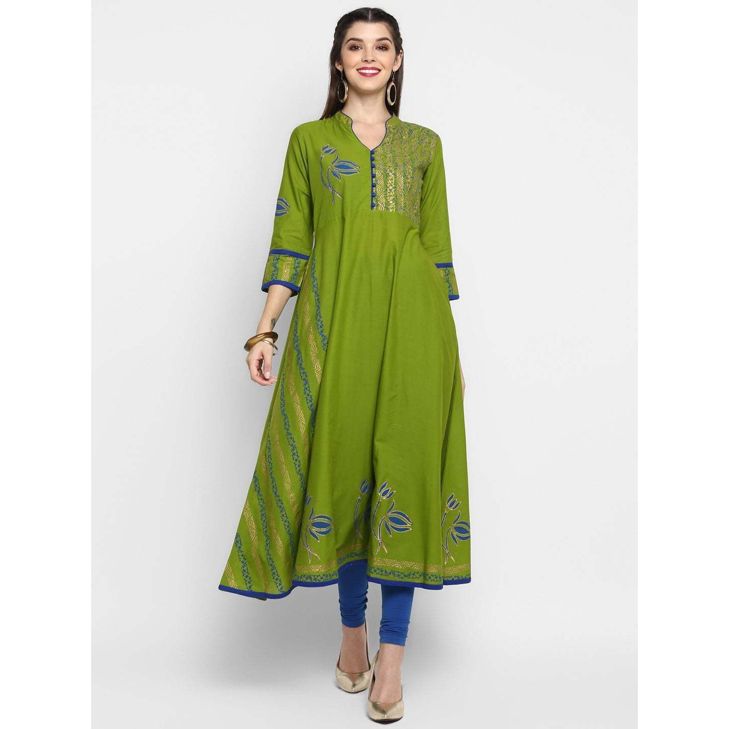 NOZ2TOZ Women Floral Print Anarkali Kurta (Green) (Size S, Color Green)