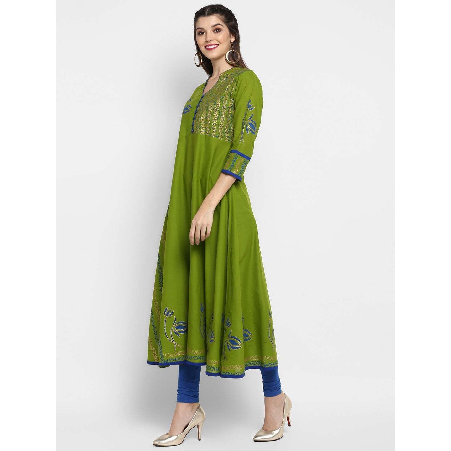 NOZ2TOZ Women Floral Print Anarkali Kurta (Green) (Size S, Color Green)