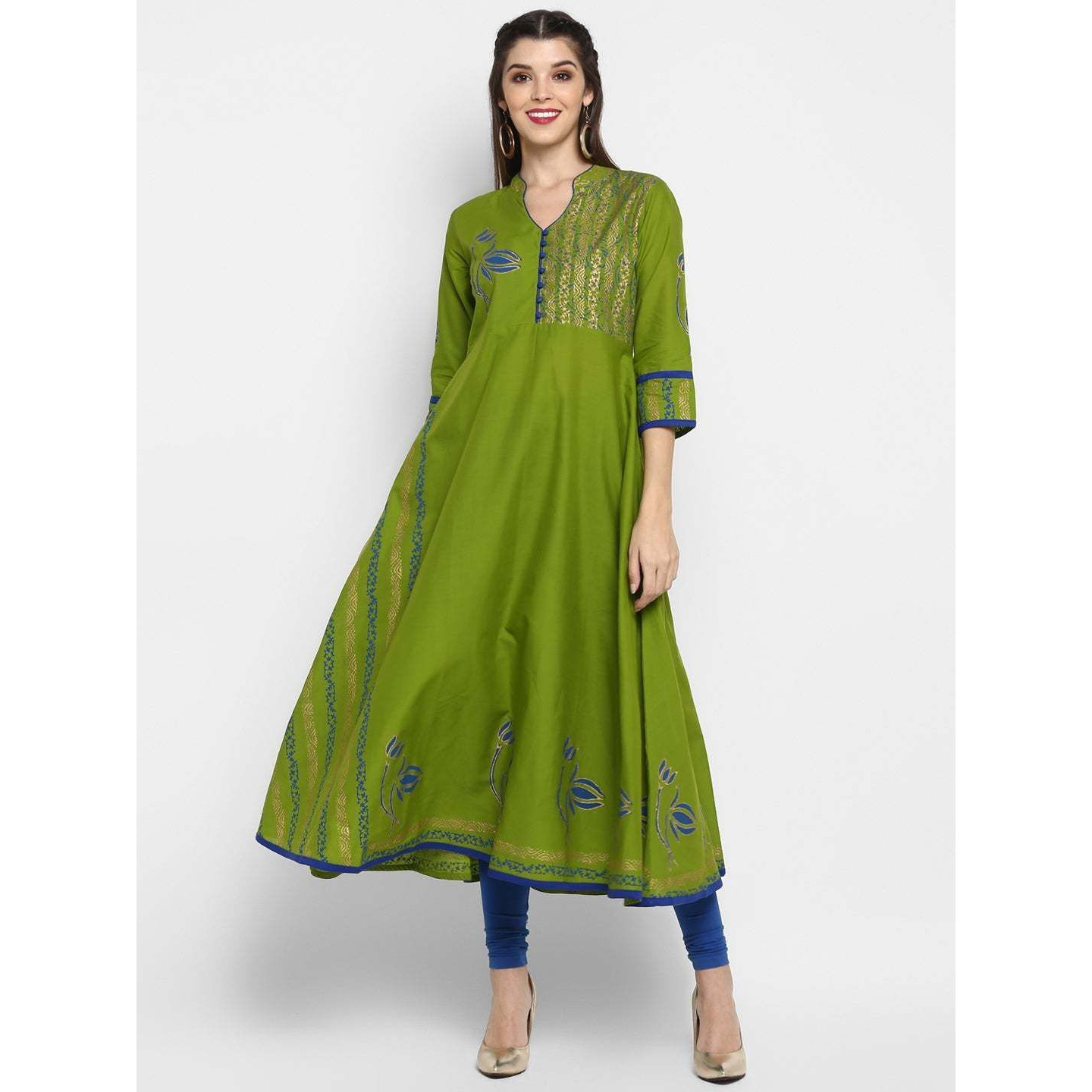 NOZ2TOZ Women Floral Print Anarkali Kurta (Green) (Size XL, Color Green)