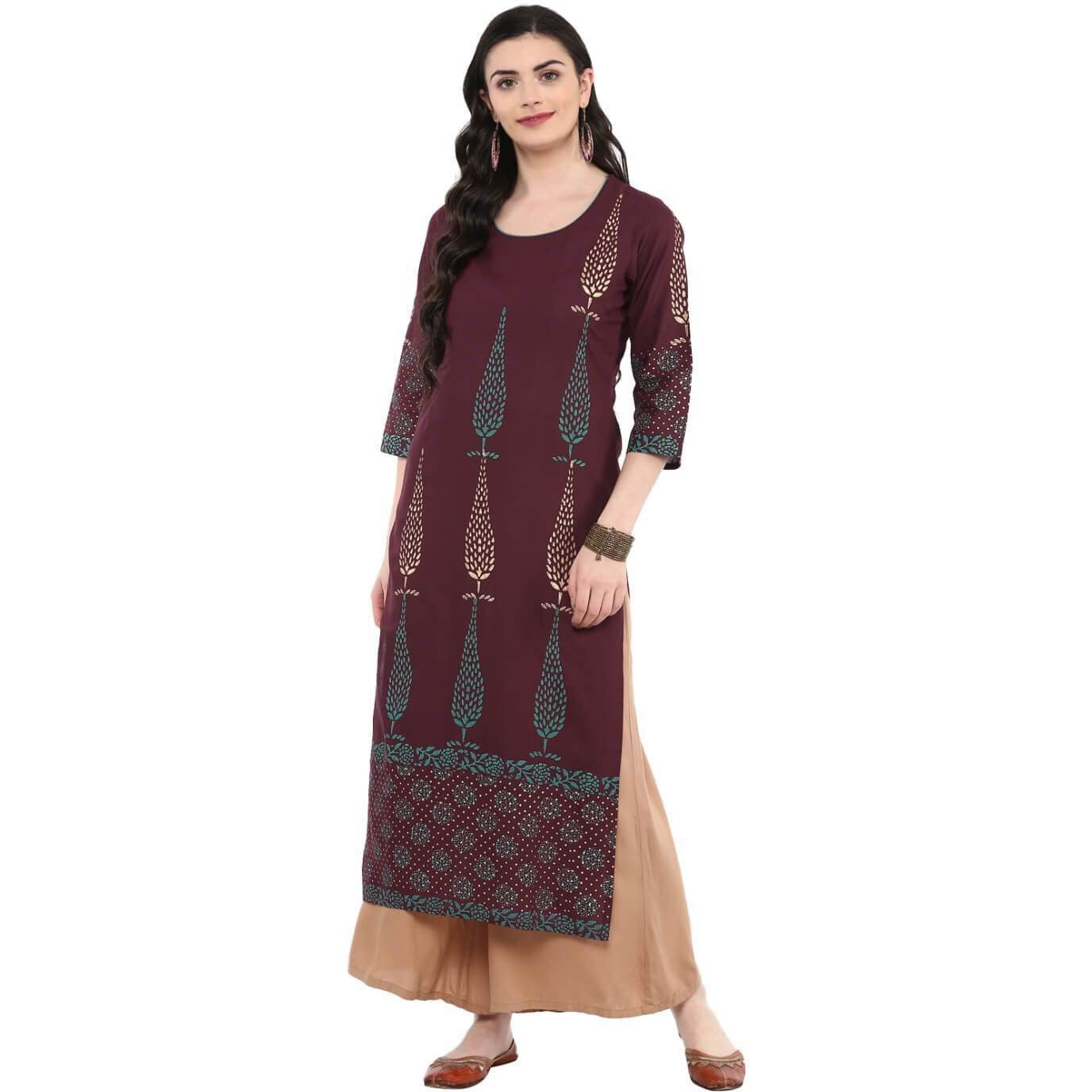 NOZ2TOZ Women Printed Straight Kurta (Maroon)