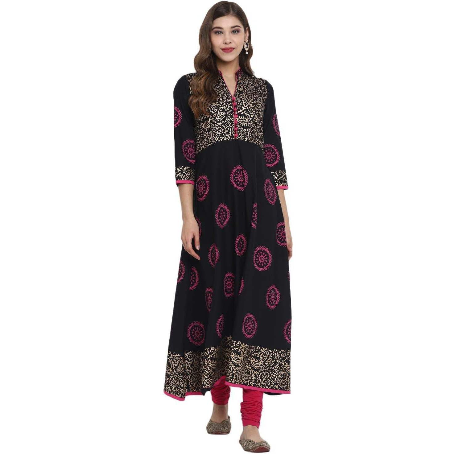 NOZ2TOZ Women Printed Anarkali Kurta (Black) (Size S, Color Black)