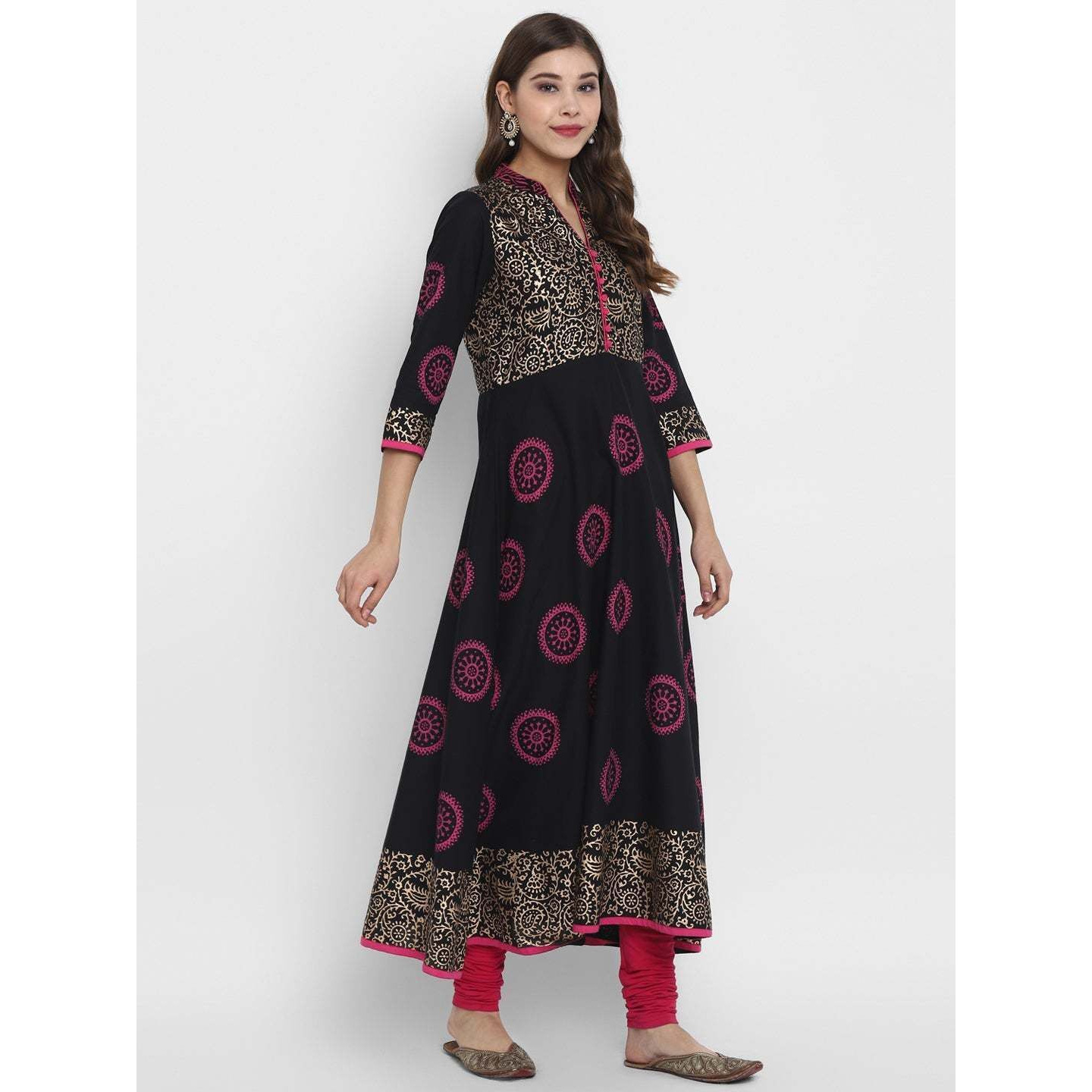 NOZ2TOZ Women Printed Anarkali Kurta (Black) (Size XL, Color Black)