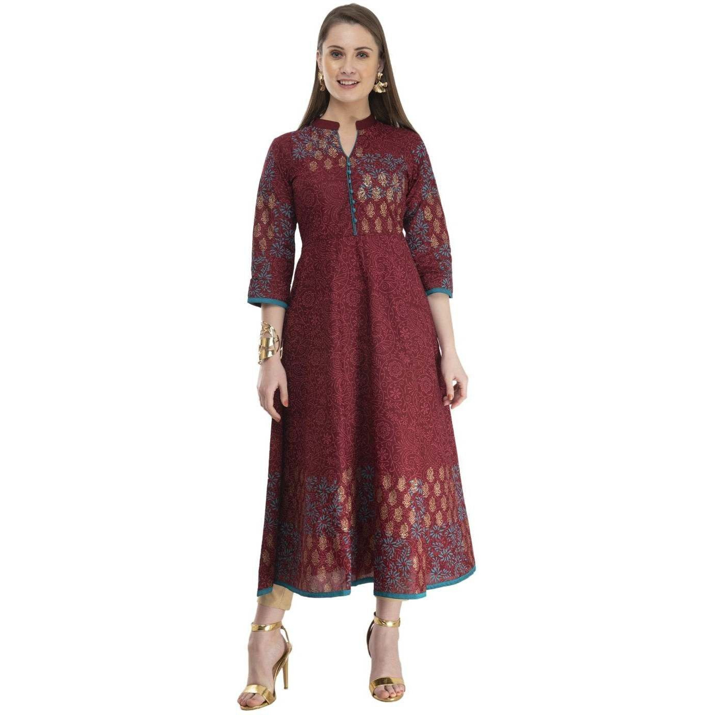 NOZ2TOZ Women Printed Anarkali Kurta (Maroon)