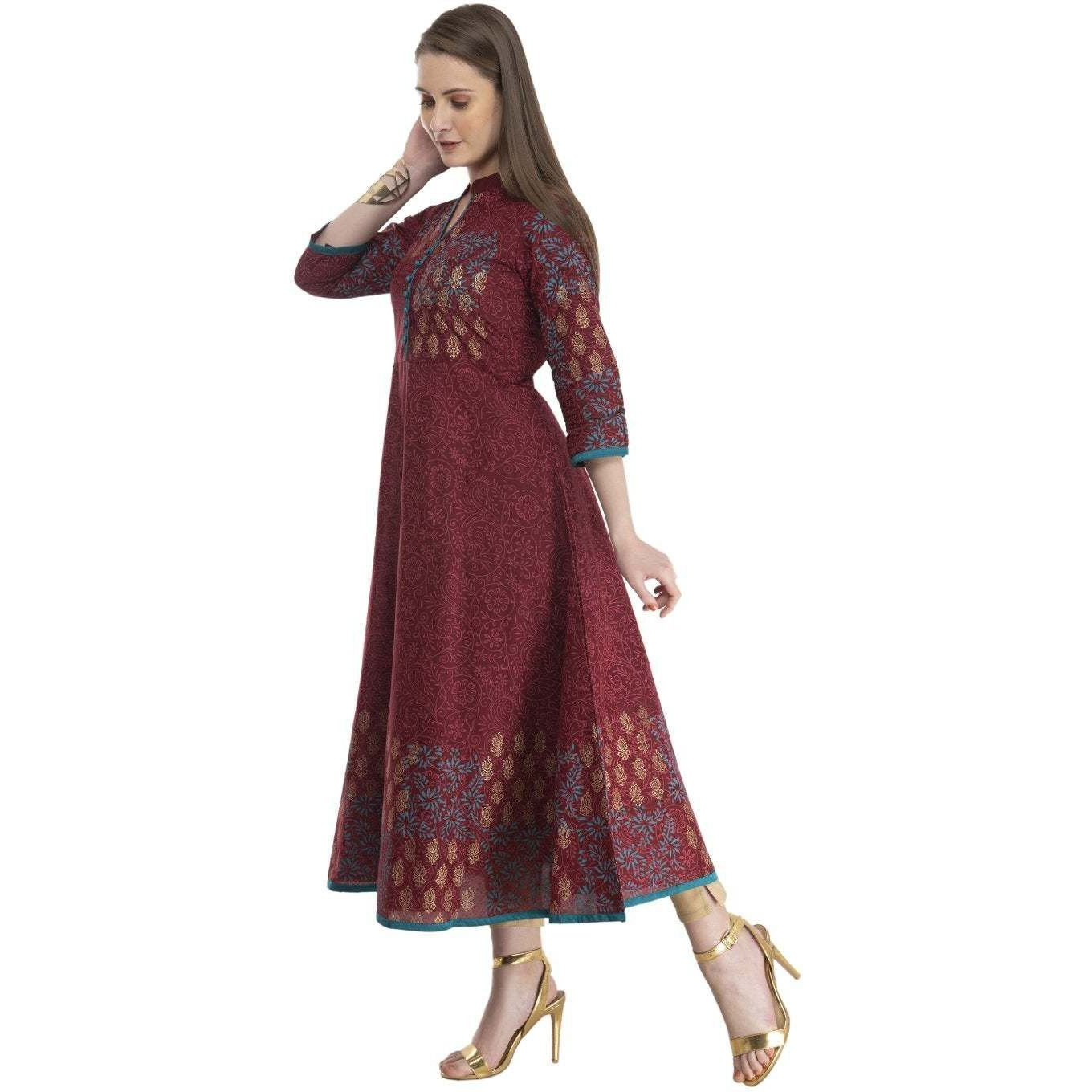 NOZ2TOZ Women Printed Anarkali Kurta (Maroon) (Size S, Color Maroon)