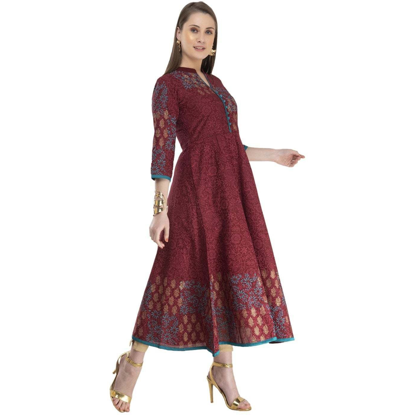 NOZ2TOZ Women Printed Anarkali Kurta (Maroon) (Size S, Color Maroon)