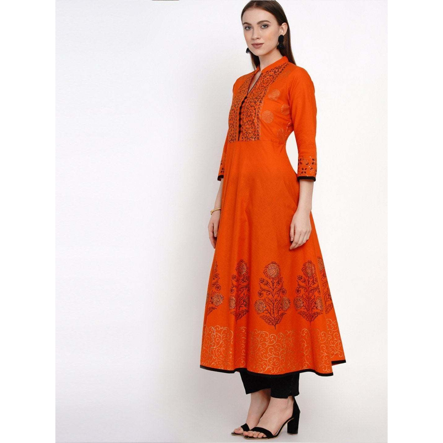 NOZ2TOZ Women Printed Anarkali Kurta (Orange) (Size XXL, Color Orange)