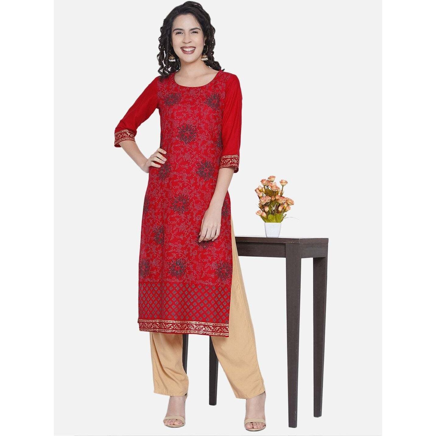 NOZ2TOZ Women Printed Straight Kurta (Red)