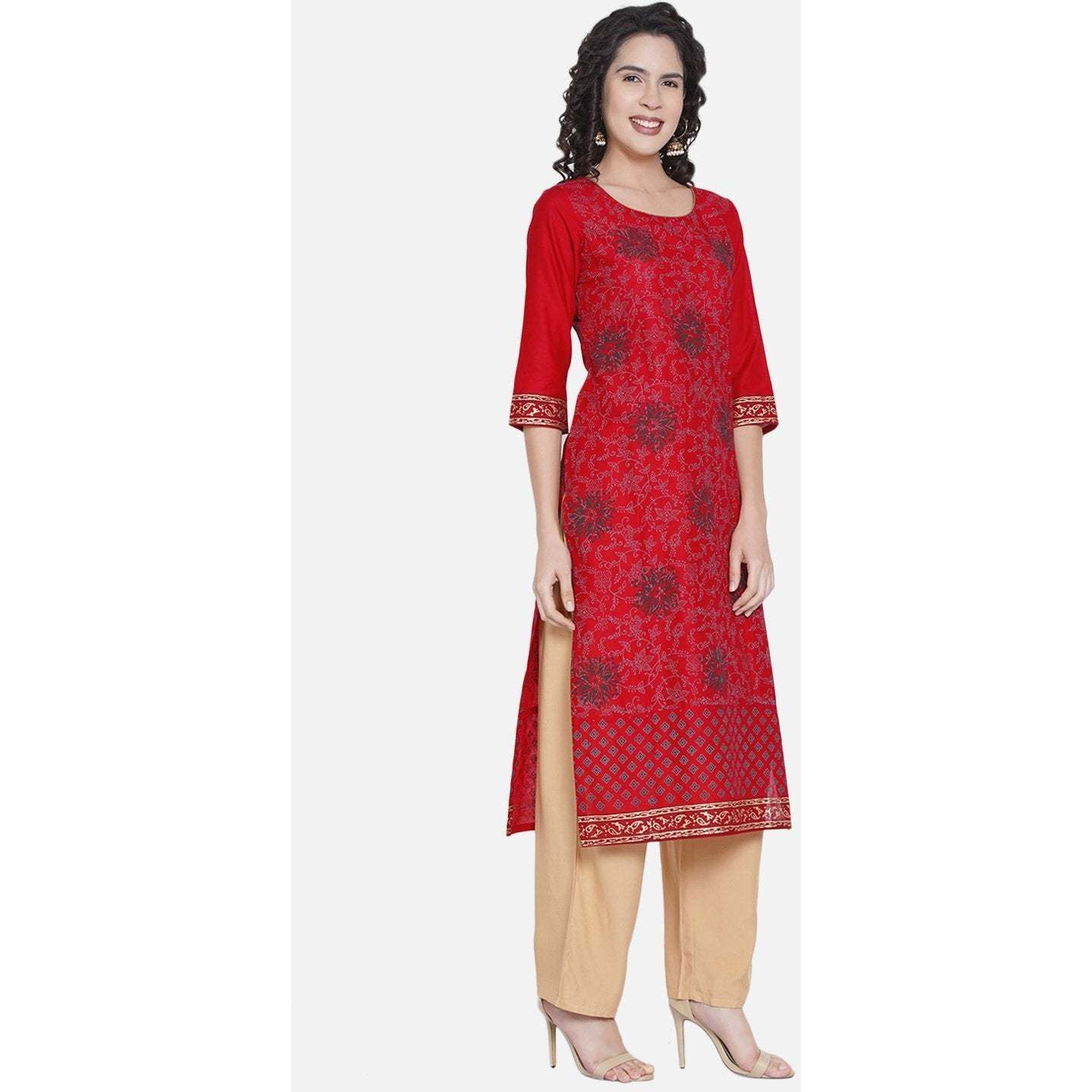 NOZ2TOZ Women Printed Straight Kurta (Red) (Size XL, Color Red)