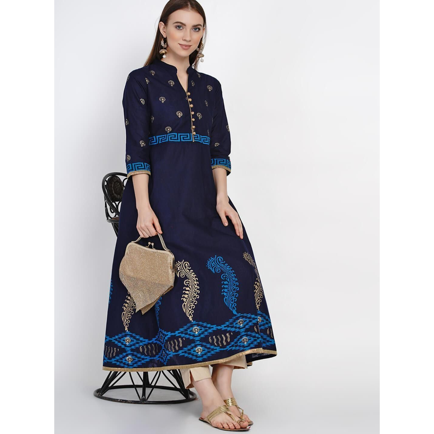 NOZ2TOZ Women Printed Anarkali Kurta (Blue) (Size L, Color Blue)