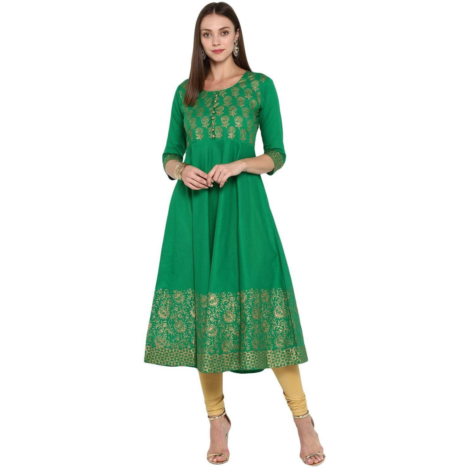 NOZ2TOZ Women Printed A-line Kurta (Green) (Size XXL, Color Green)